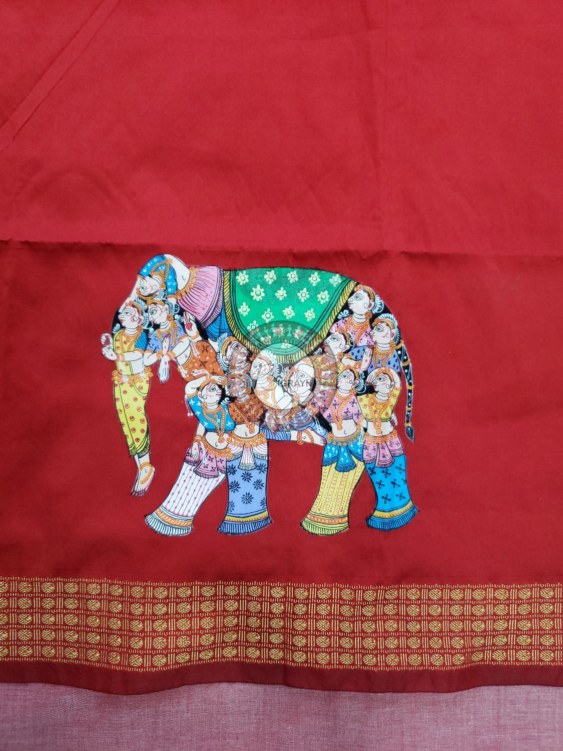 Red Kandrap Hasti Theme Pattachitra Silk Blouse Piece