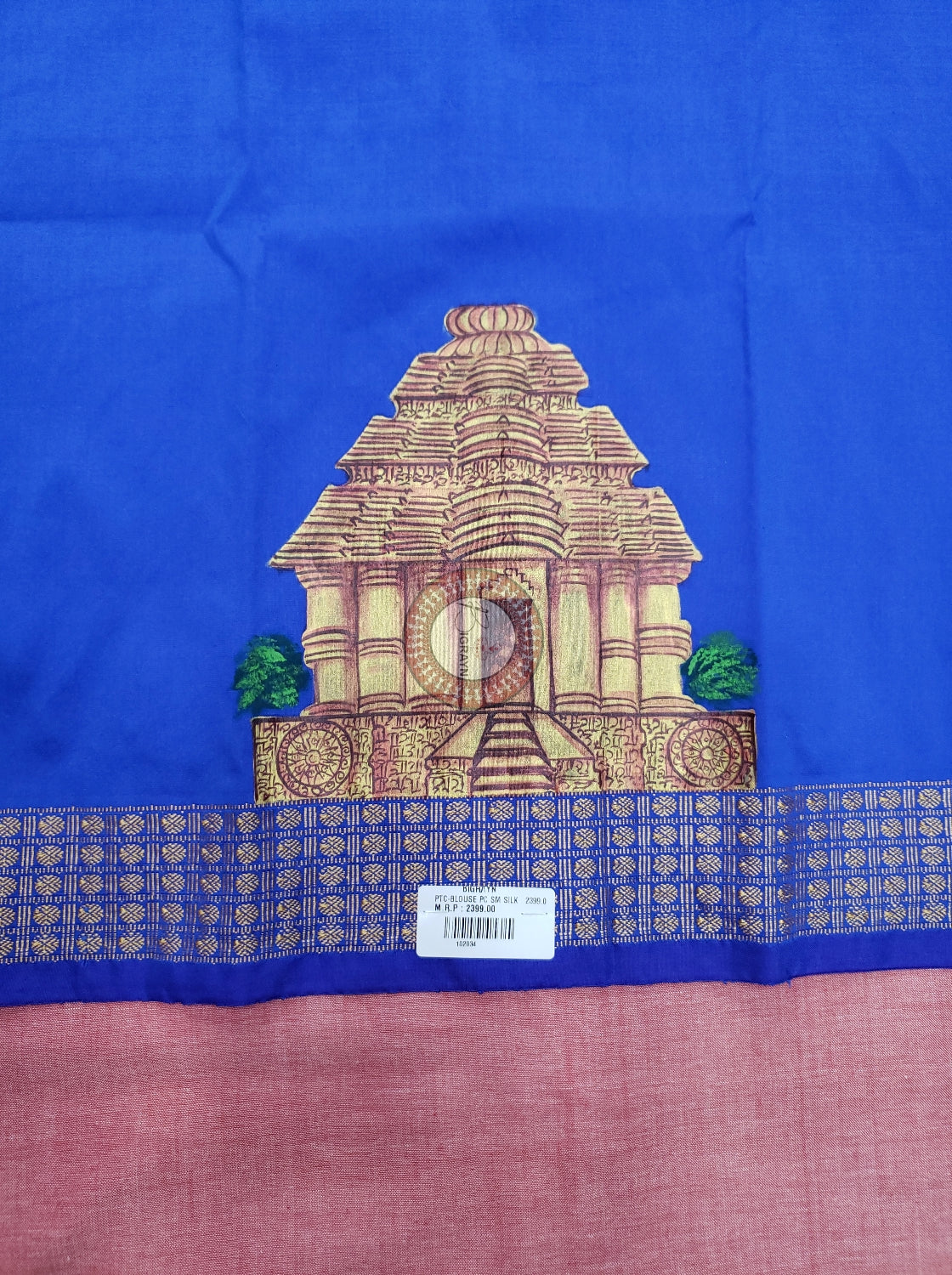 Blue Konark Temple And Wheel Theme Pattachitra Silk Blouse Piece