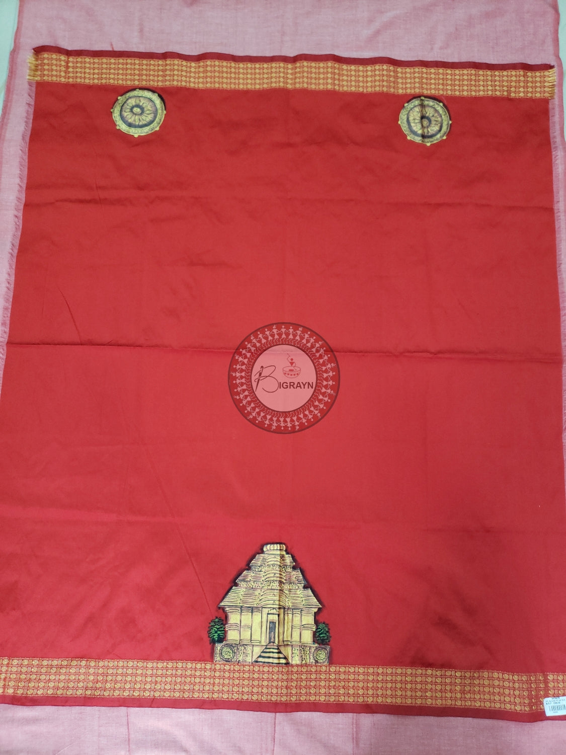 Red Konark Temple And Wheel Theme Pattachitra Silk Blouse Piece