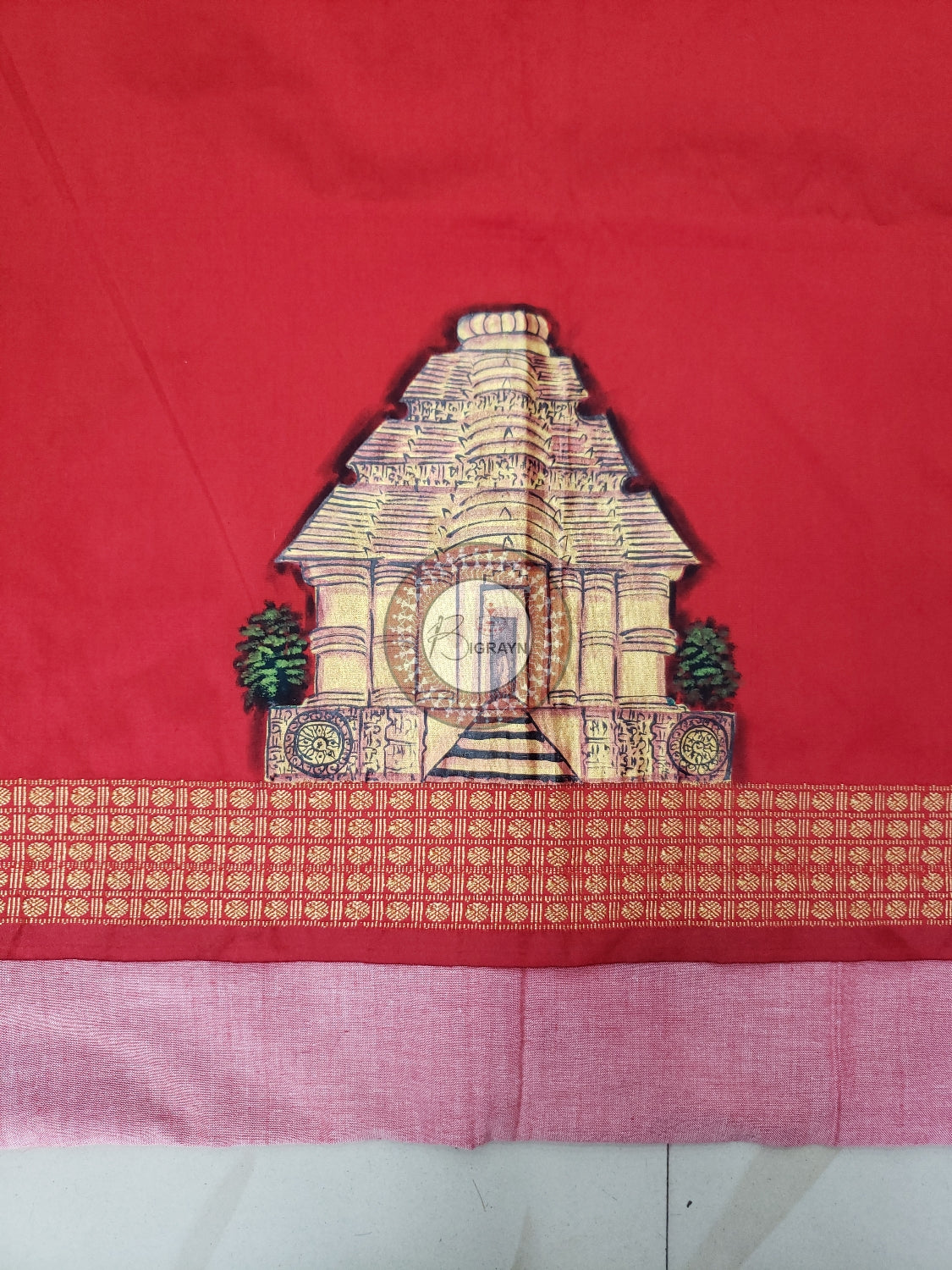 Red Konark Temple And Wheel Theme Pattachitra Silk Blouse Piece