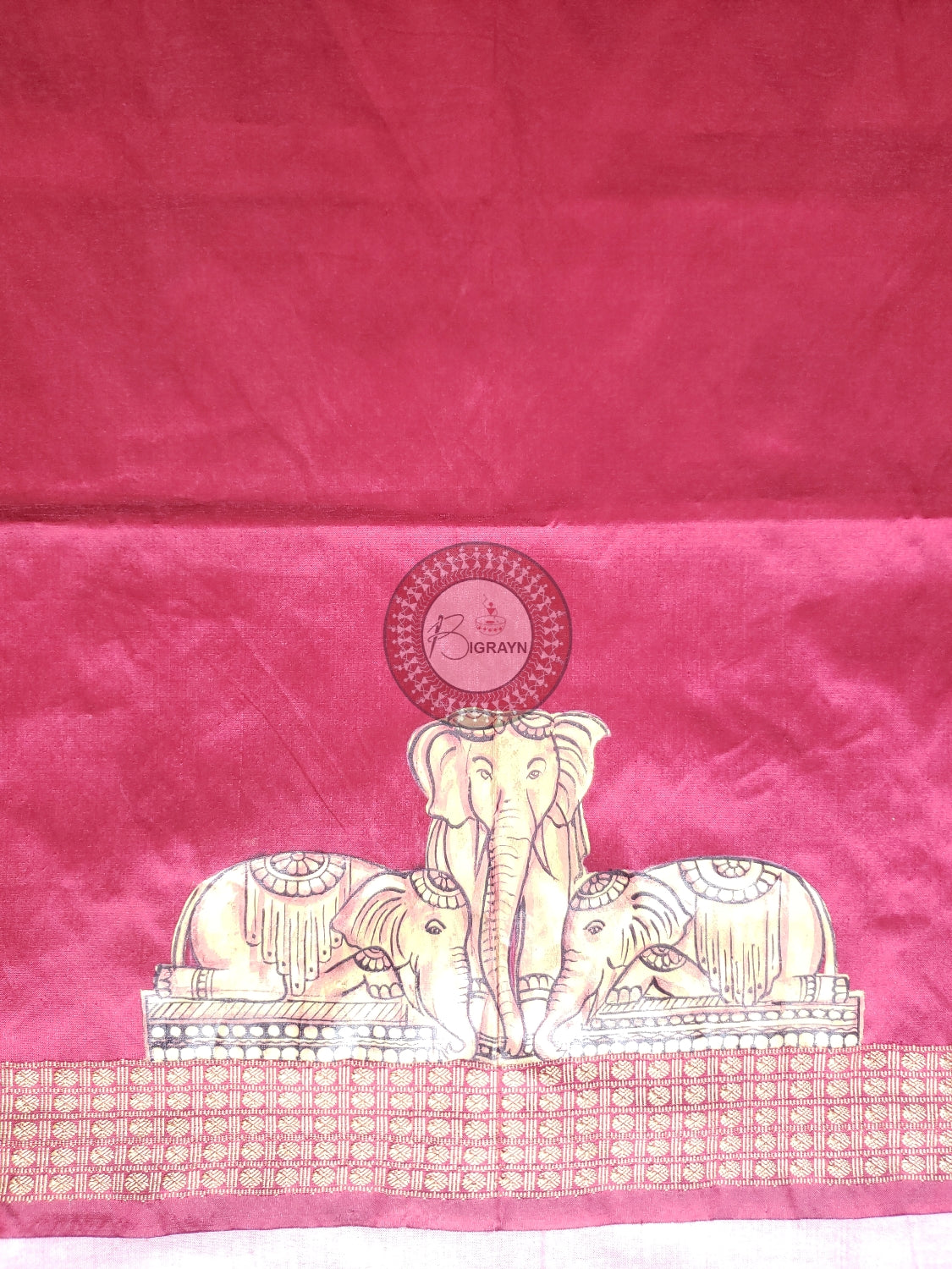 Maroon Elephant Golden Work Theme Pattachitra Silk Blouse Piece