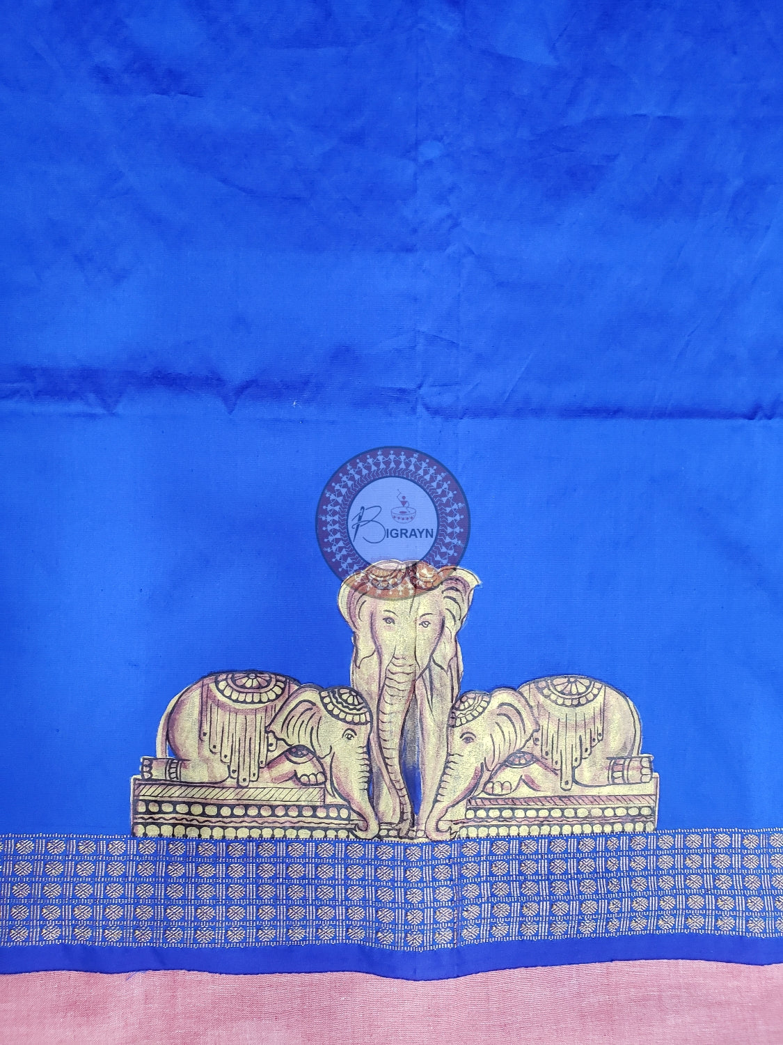 Blue Golden Work Elephant Theme Pattachitra Silk Blouse Piece