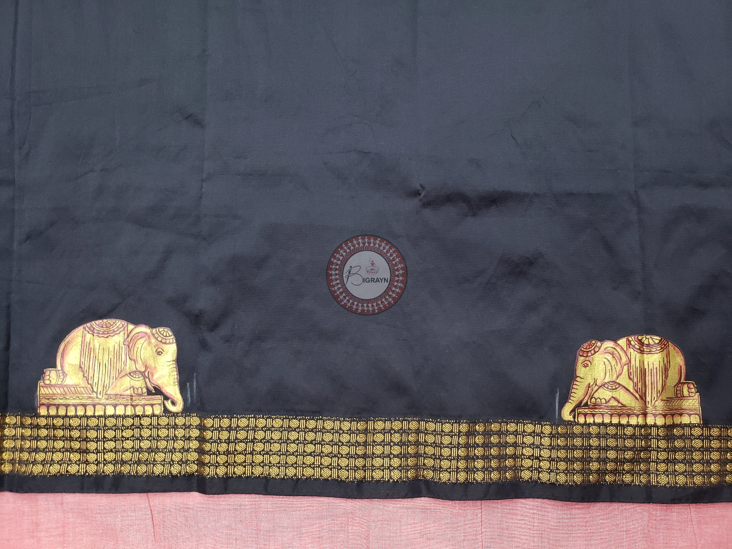 Black Golden Work Elephant Theme Pattachitra Silk Blouse Piece