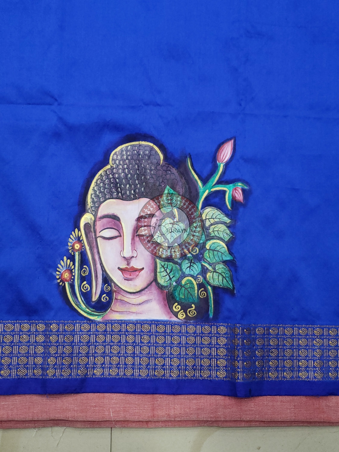 Blue Budha Face Theme Pattachitra Silk Blouse Piece