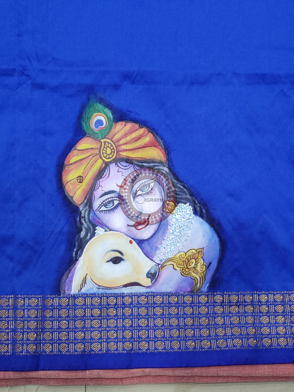Blue Krishna Picwai Theme Pattachitra Silk Blouse Piece