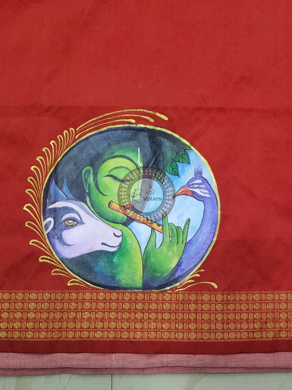 Red Sri Krishna Playing Bansuri Theme Pattachitra Silk Blouse Piece