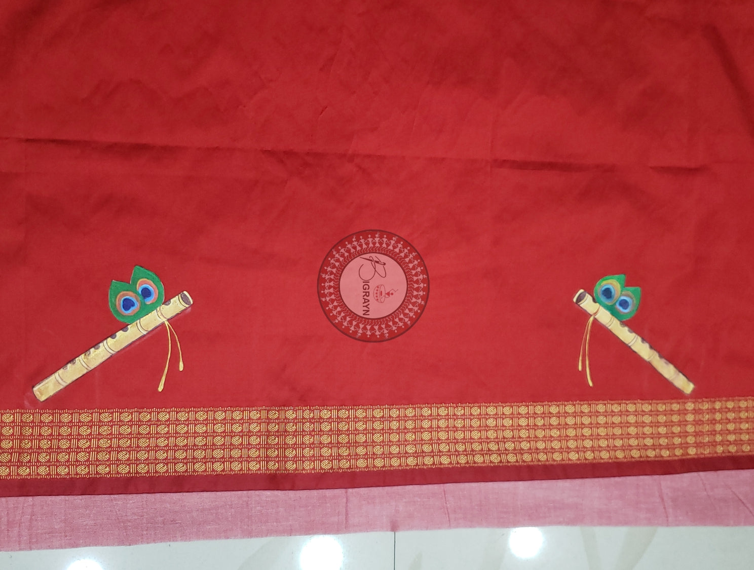 Red Sri Krishna Playing Bansuri Theme Pattachitra Silk Blouse Piece