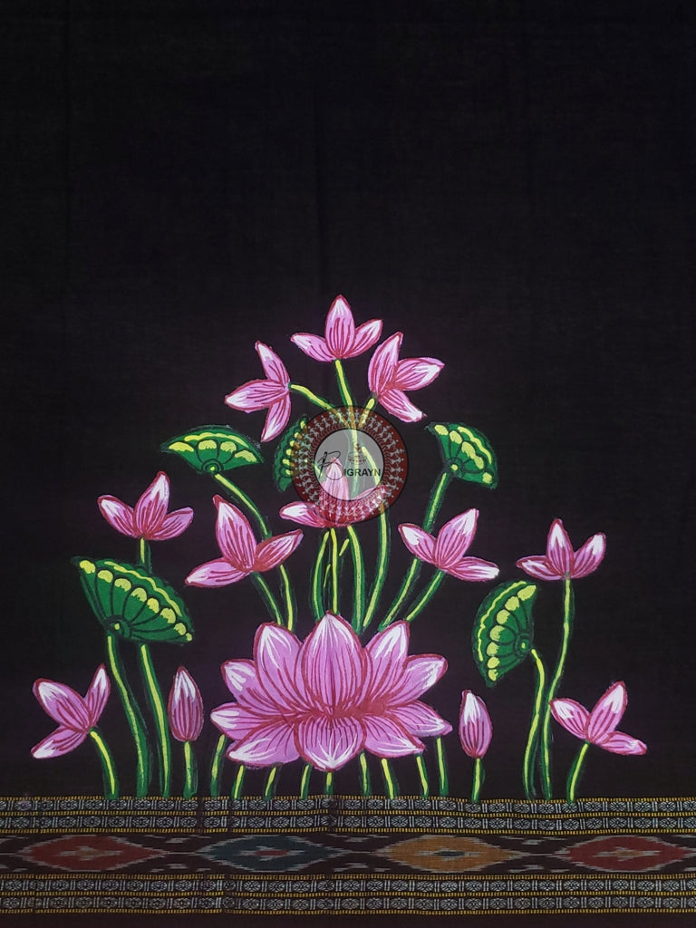 Black Lotus Theme Pattachitra Cotton Blouse Piece