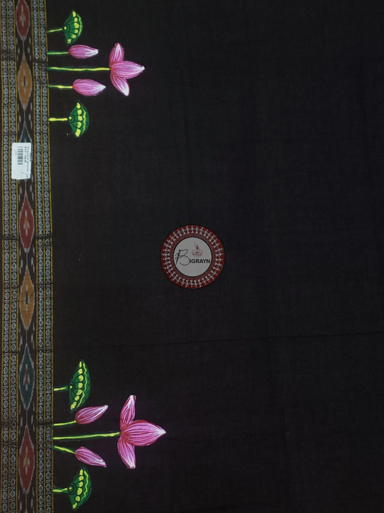 Black Lotus Theme Pattachitra Cotton Blouse Piece