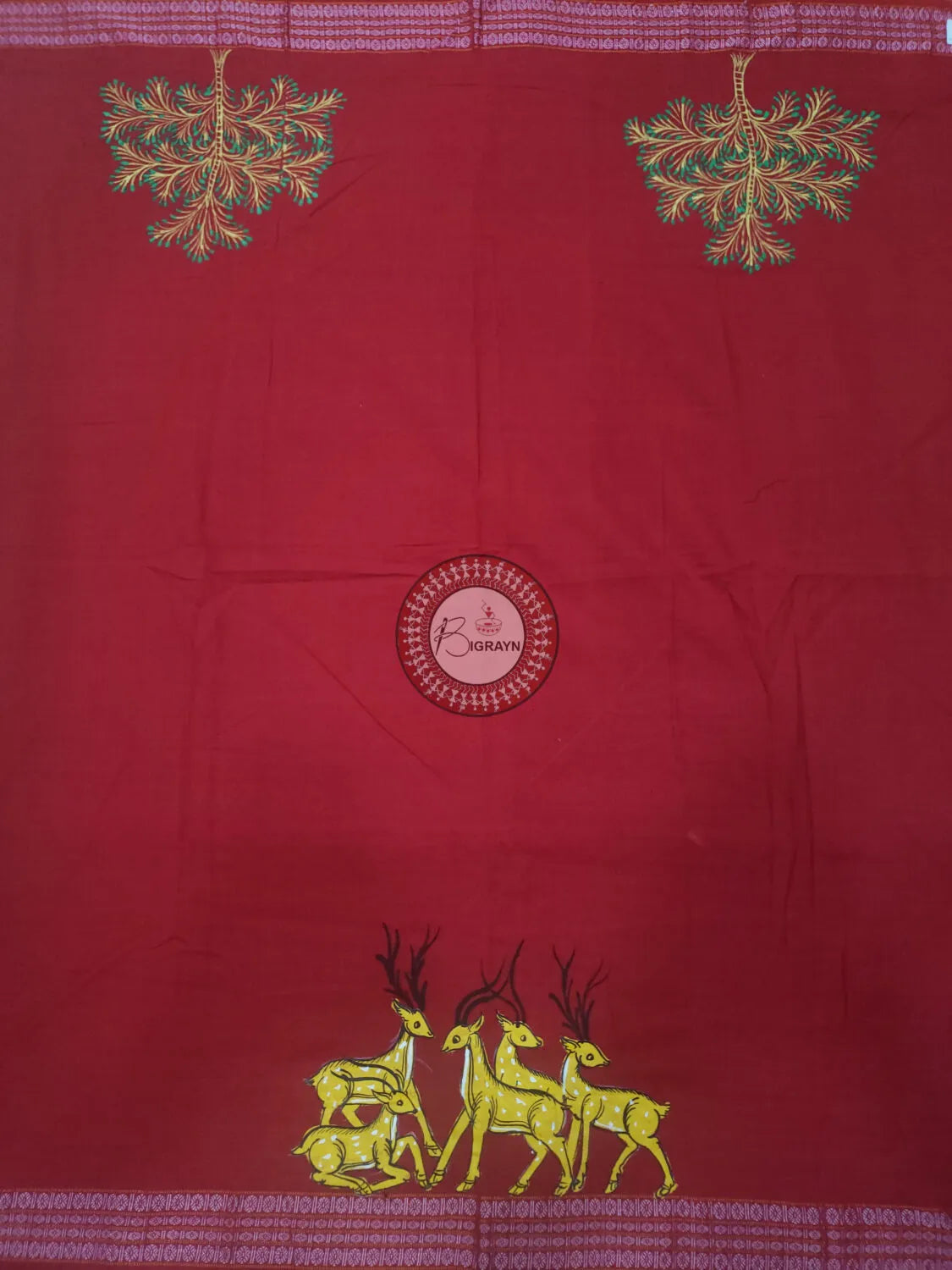 Maroon Deer Theme Pattachitra Cotton Blouse Piece