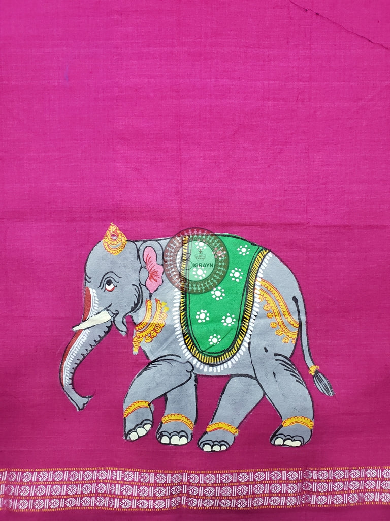 Magenta Elephant Theme Pattachitra Cotton Blouse Piece