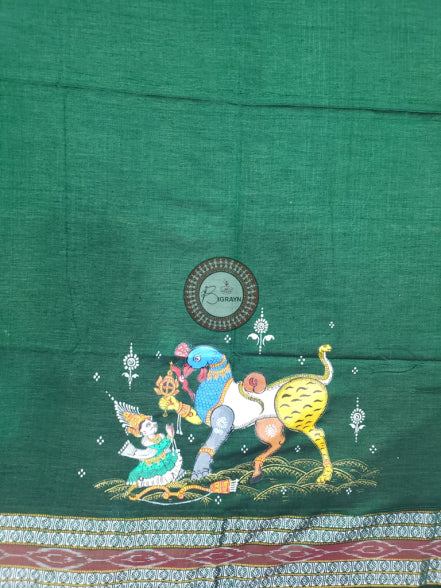 Green Nabagunjara Pattachitra Cotton Blouse Piece