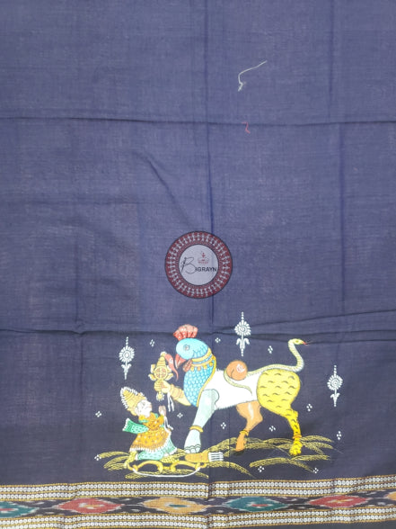 Navy Blue Nabagunjara Pattachitra Cotton Blouse Piece