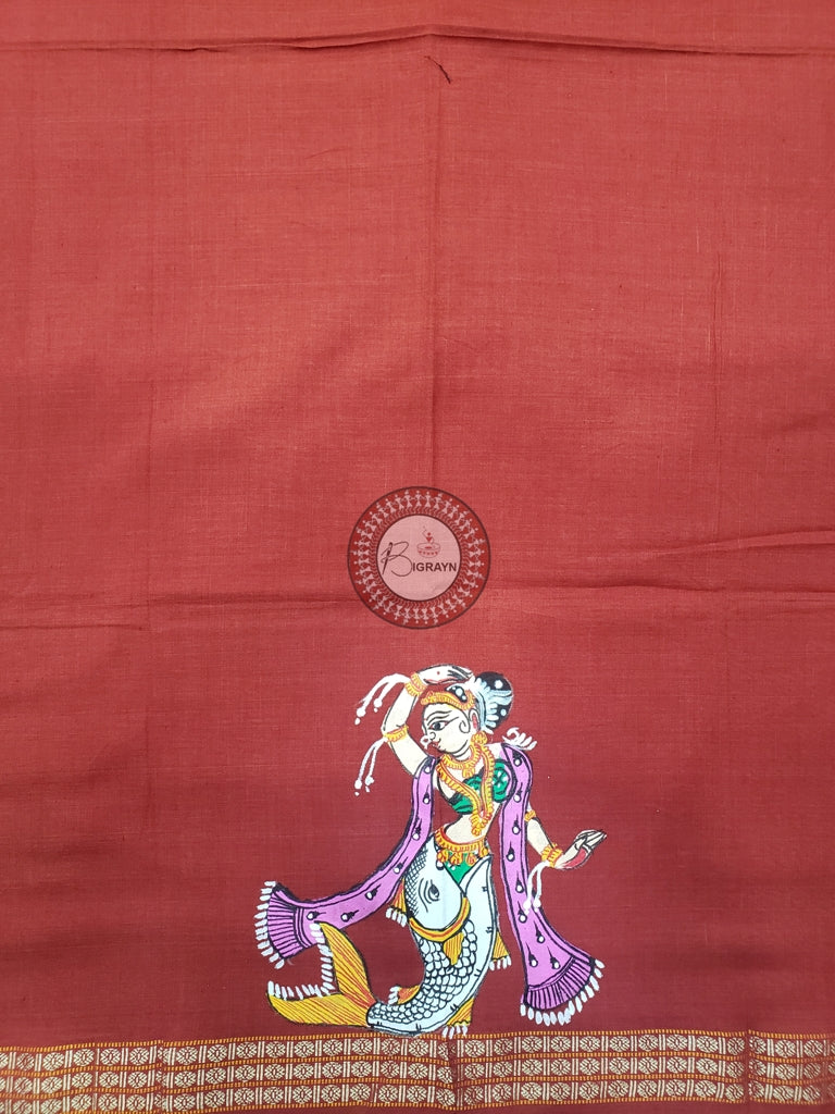 Red Matsyakanya Pattachitra Cotton Blouse Piece