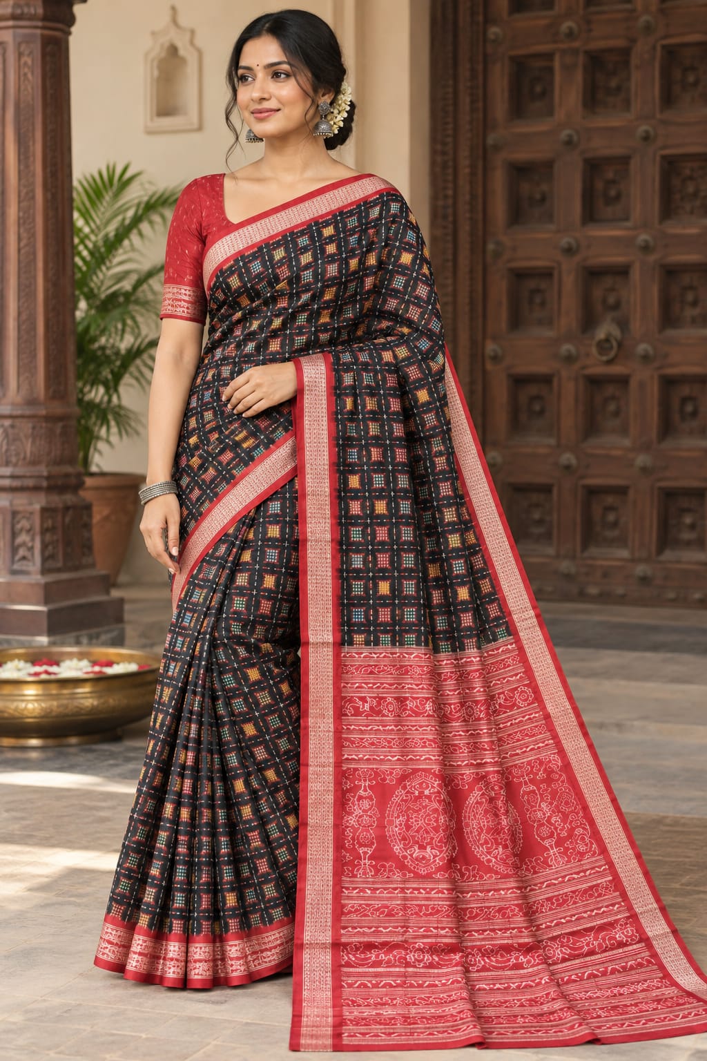 Black and Red Aswini Design Sambalpuri Silk Saree