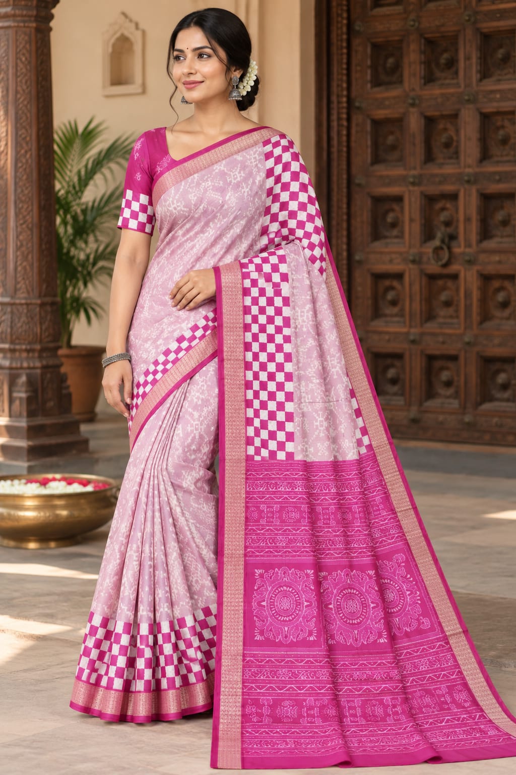 Blush Pink and Rani Pink Scot Pasapali Design Handwoven Sambalpuri Silk Saree