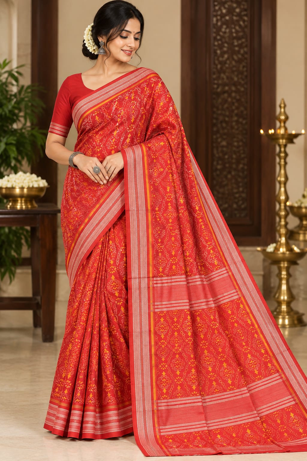 Red Flower Design Sambalpuri Silk Saree