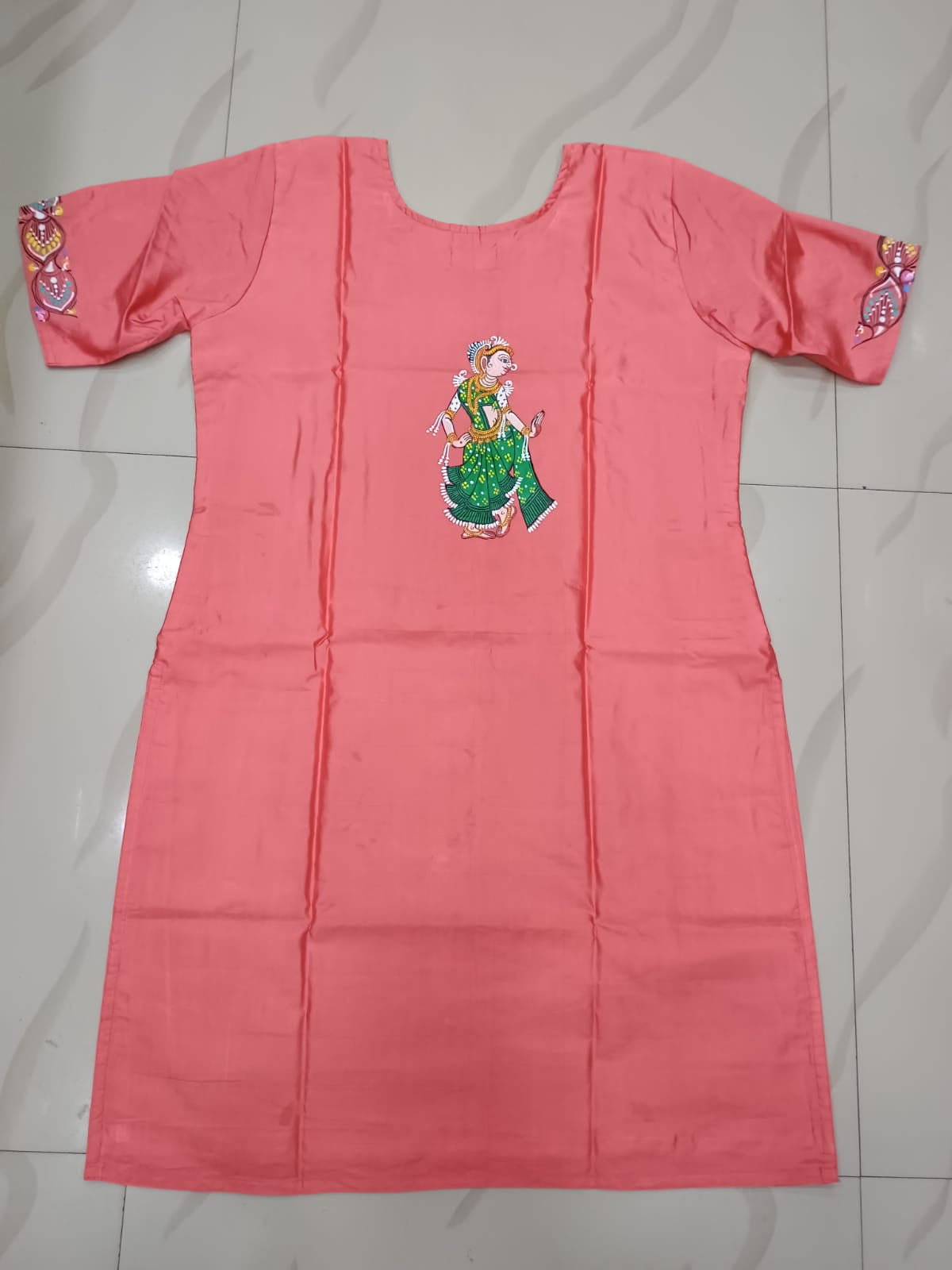 Peach Nabakeli Boita Theme Odisha Hand Painted Pattachitra Khadi Silk Kurti