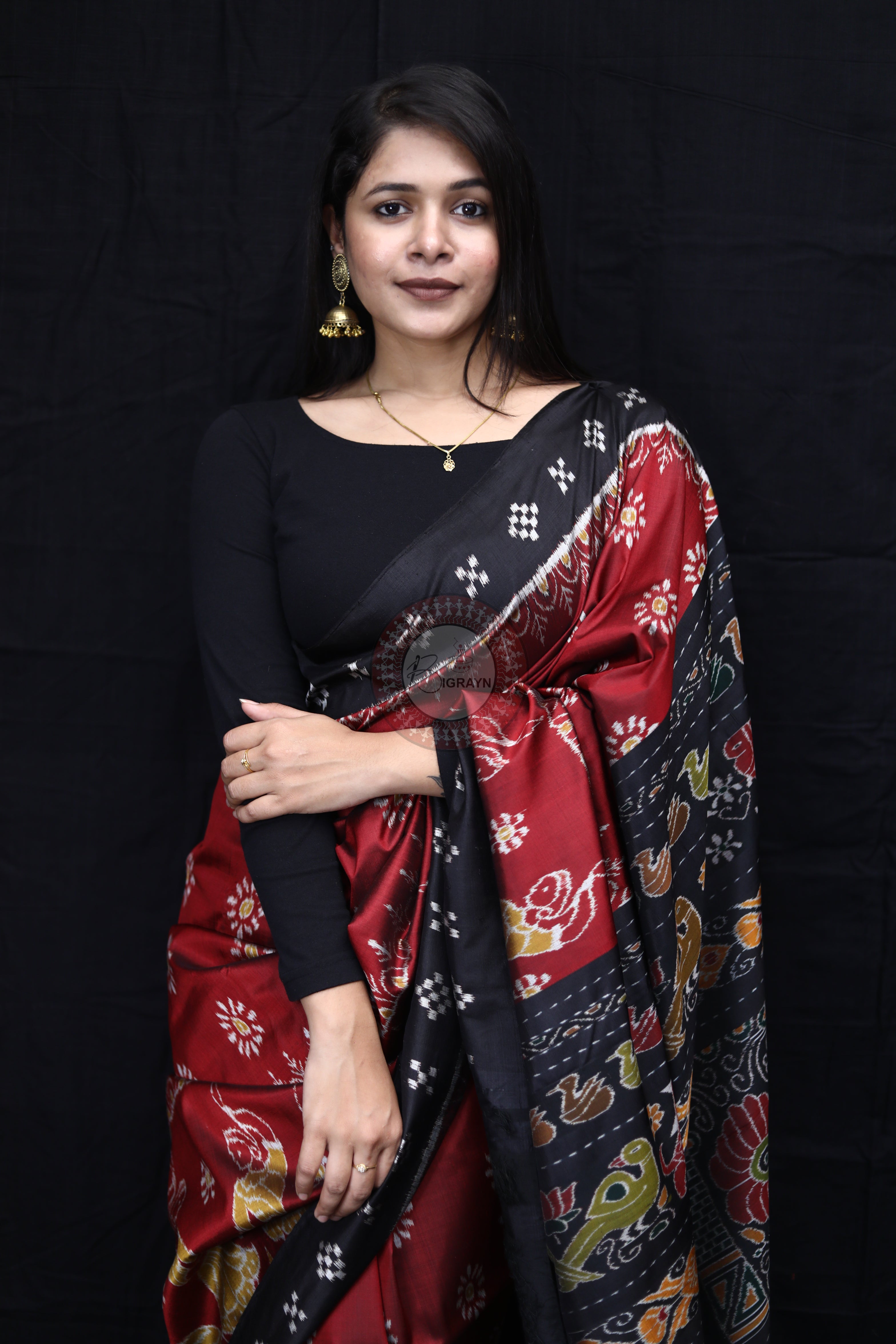 Maroon Black Dancers Scot Flower Mulberry Silk Saree