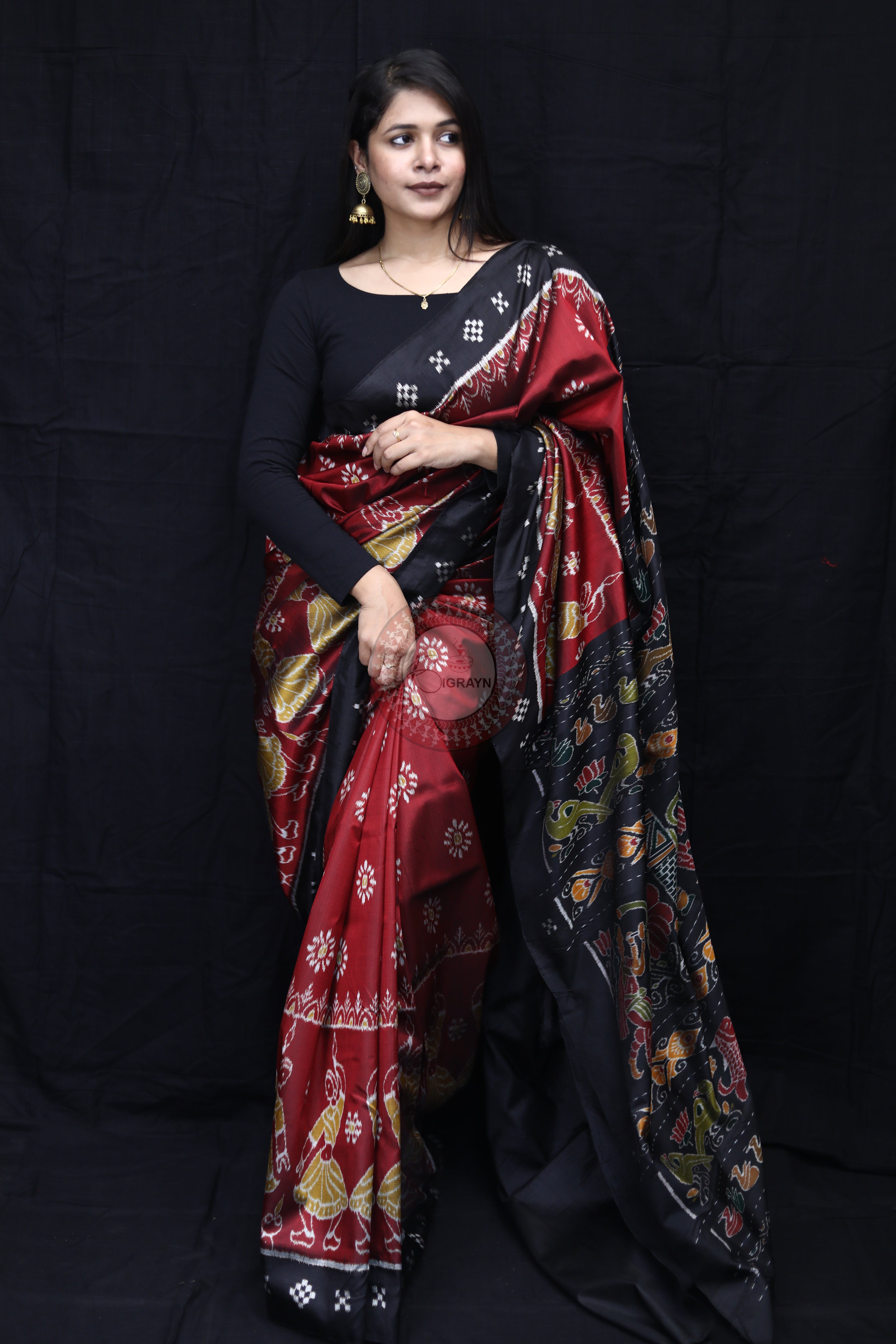 Maroon Black Dancers Scot Flower Mulberry Silk Saree