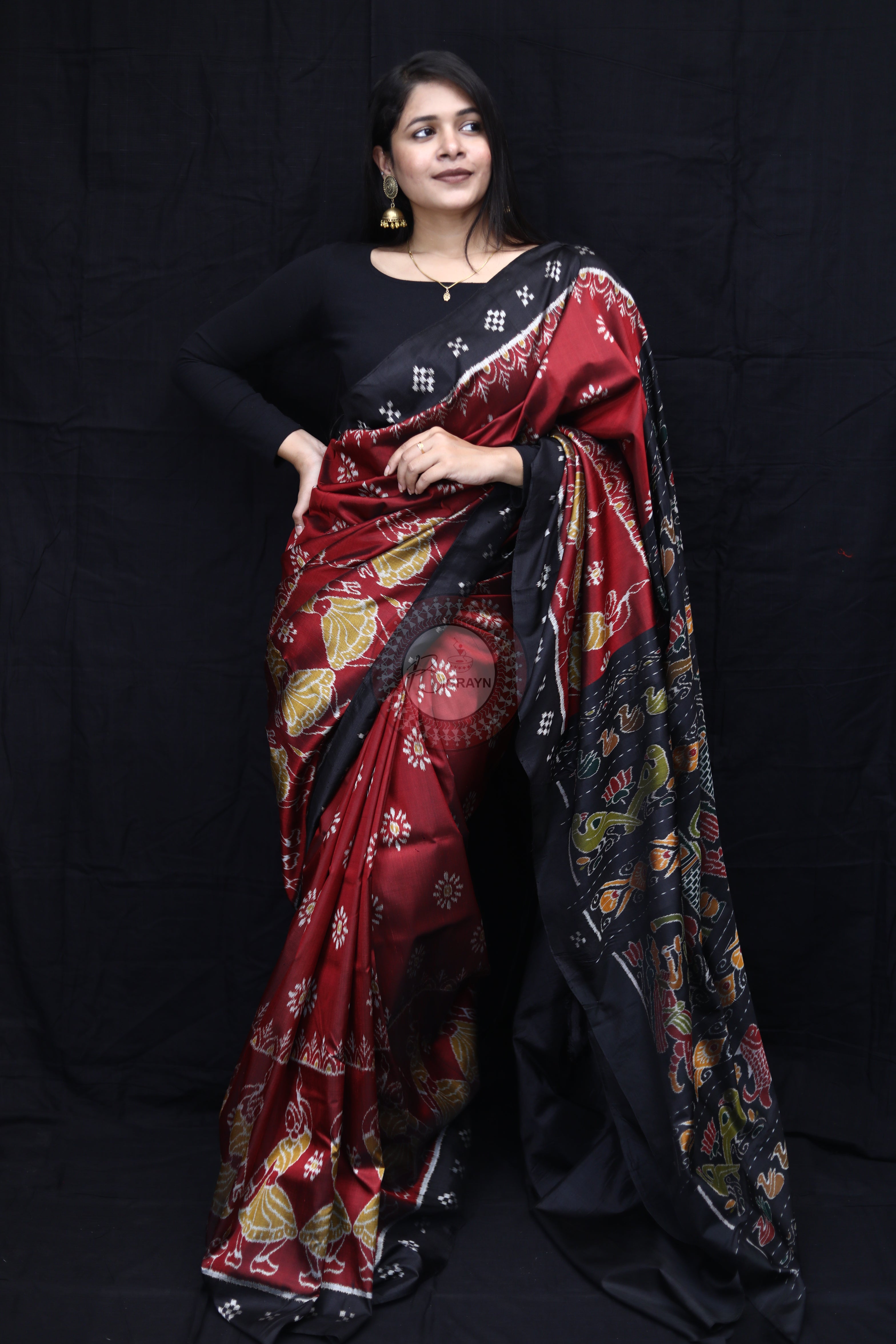 Maroon Black Dancers Scot Flower Mulberry Silk Saree