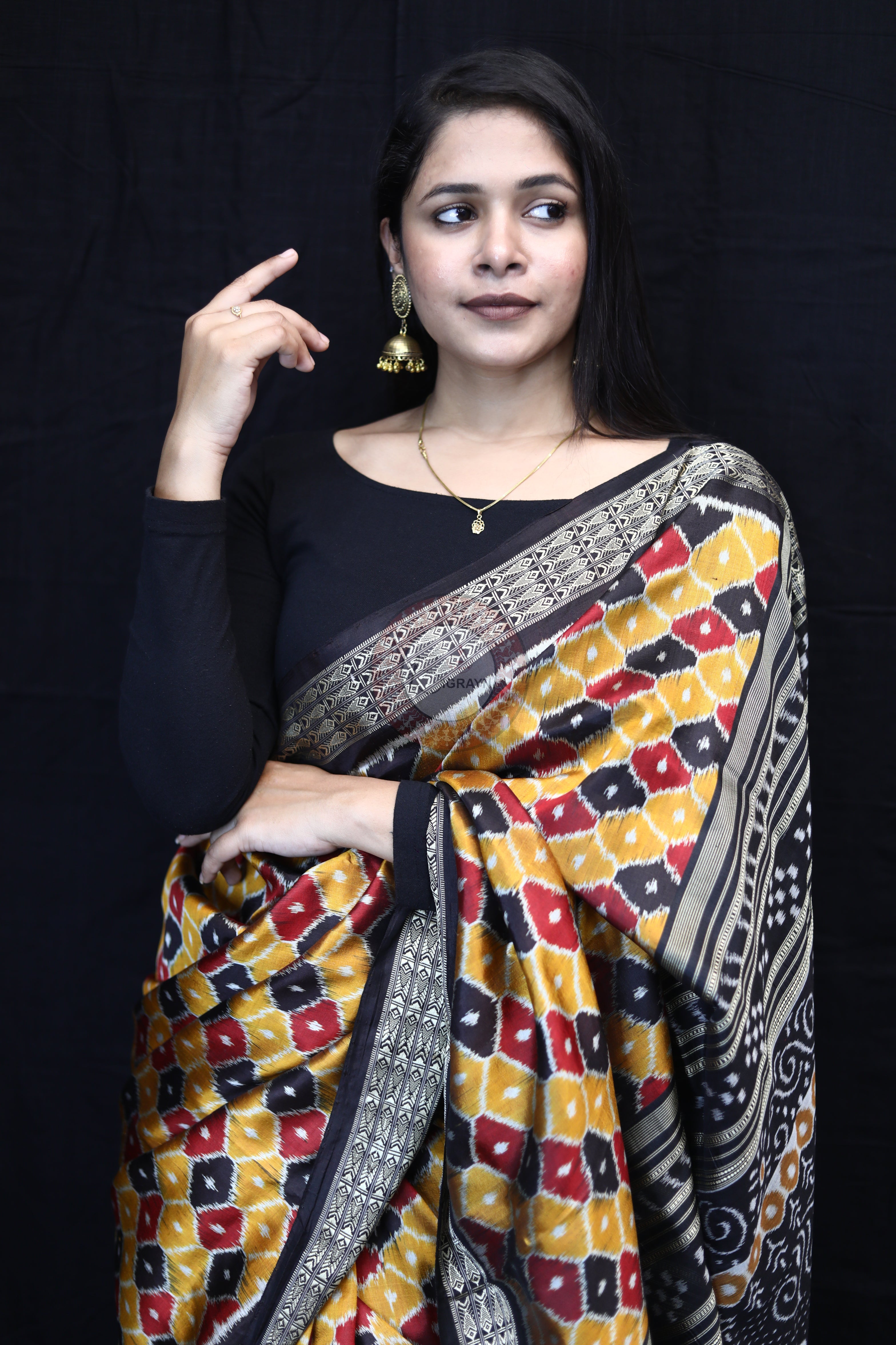 Golden Black Maroon Beehive Mulberry Silk Saree