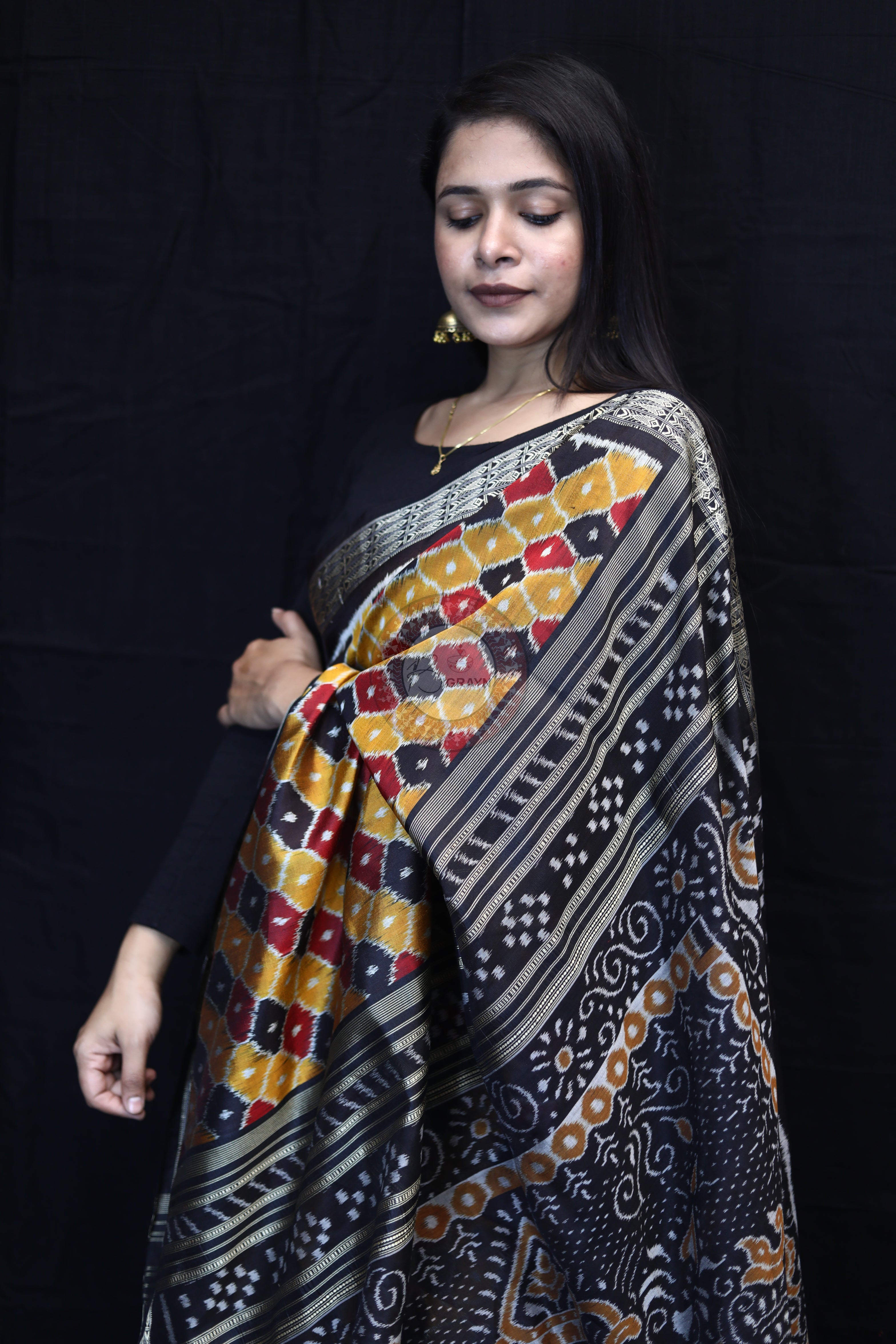 Golden Black Maroon Beehive Mulberry Silk Saree