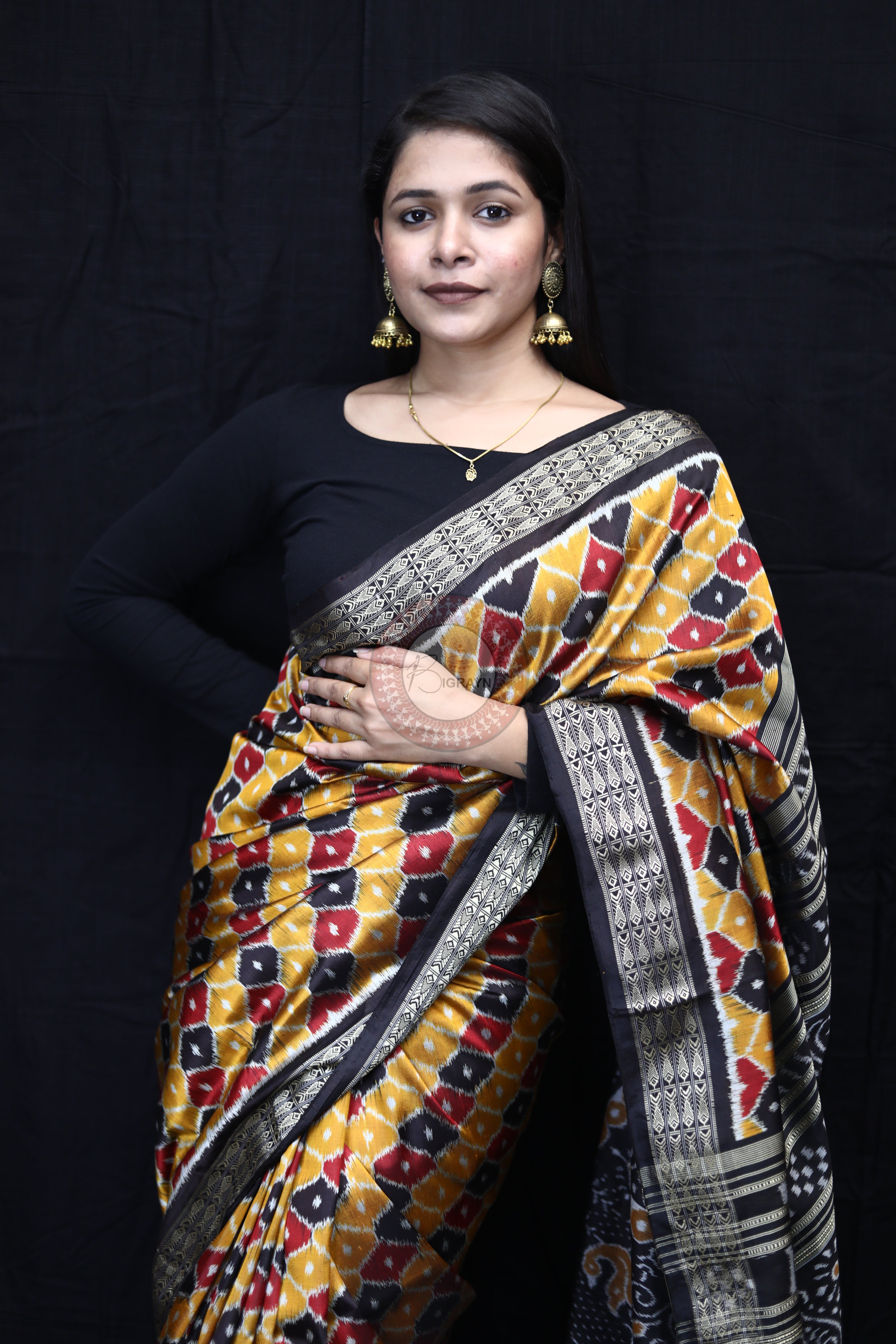 Golden Black Maroon Beehive Mulberry Silk Saree