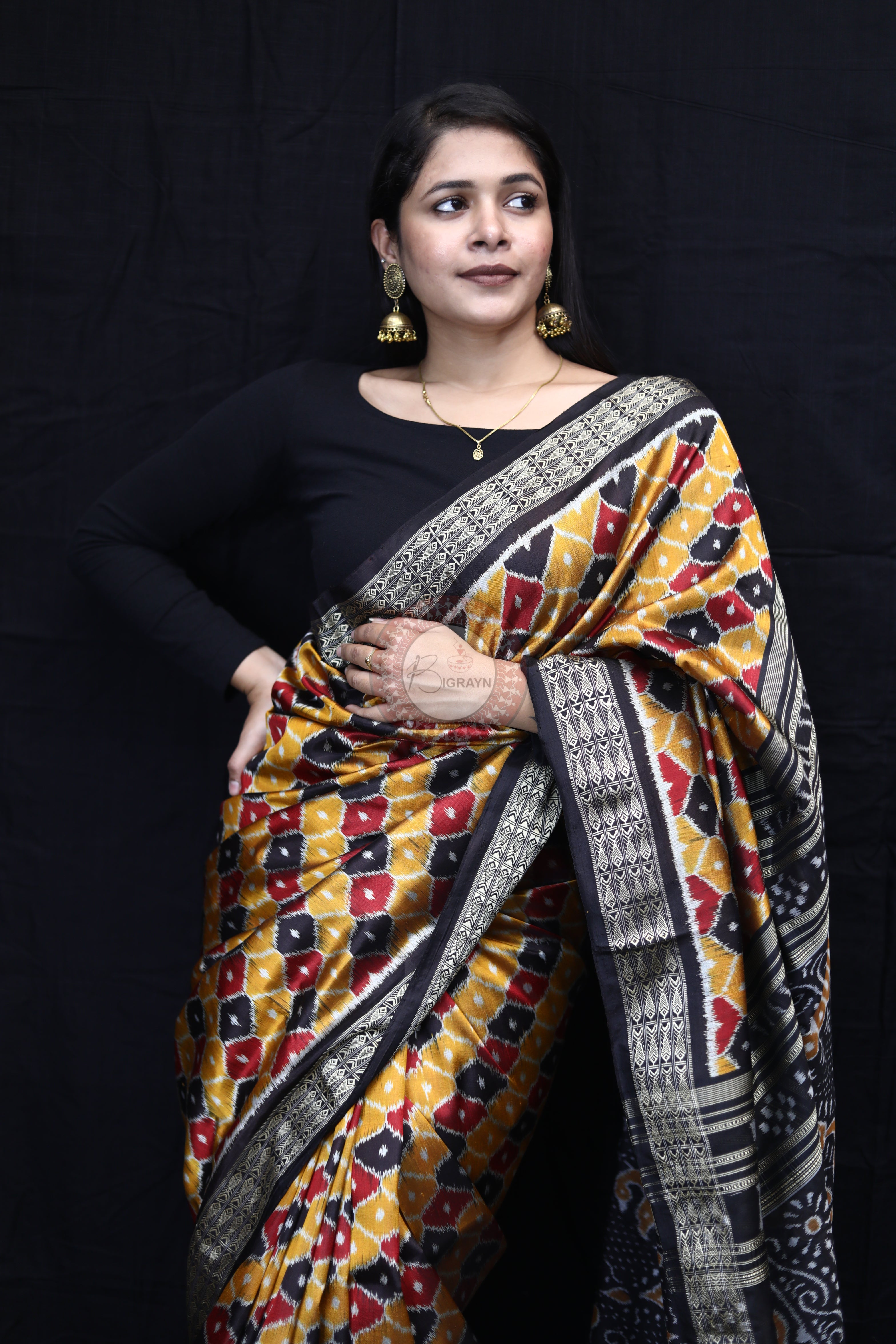 Golden Black Maroon Beehive Mulberry Silk Saree