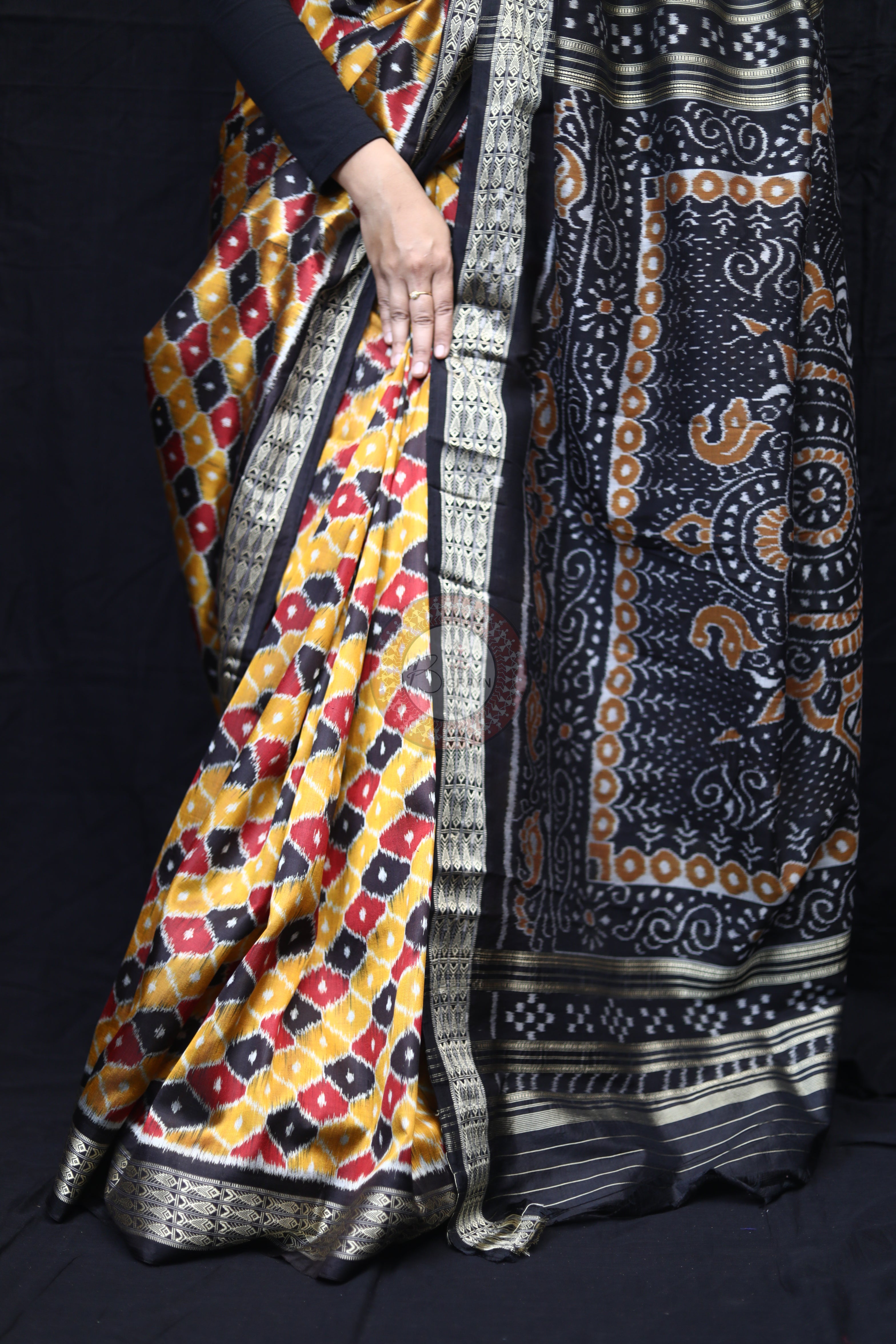 Golden Black Maroon Beehive Mulberry Silk Saree