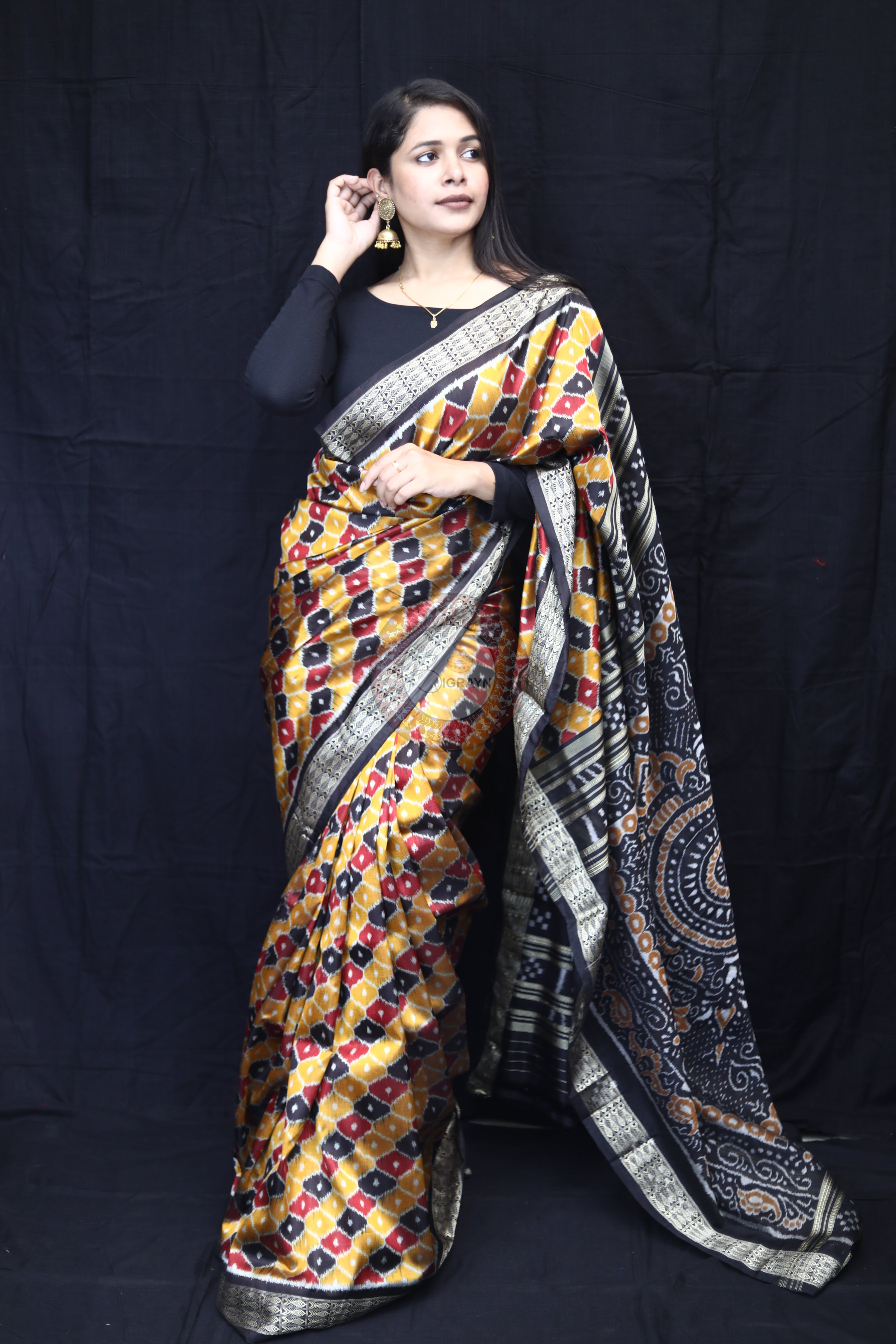 Golden Black Maroon Beehive Mulberry Silk Saree