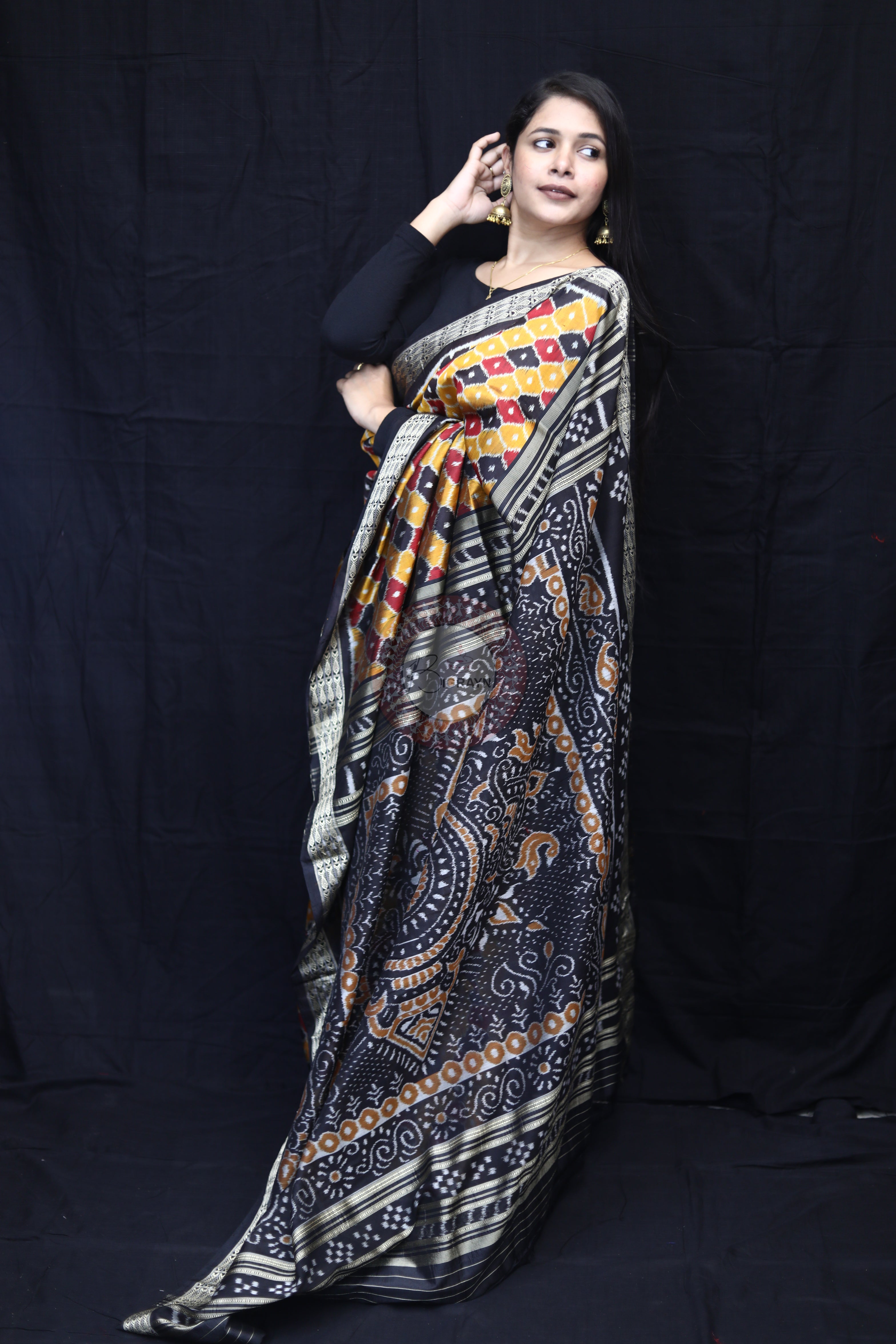 Golden Black Maroon Beehive Mulberry Silk Saree