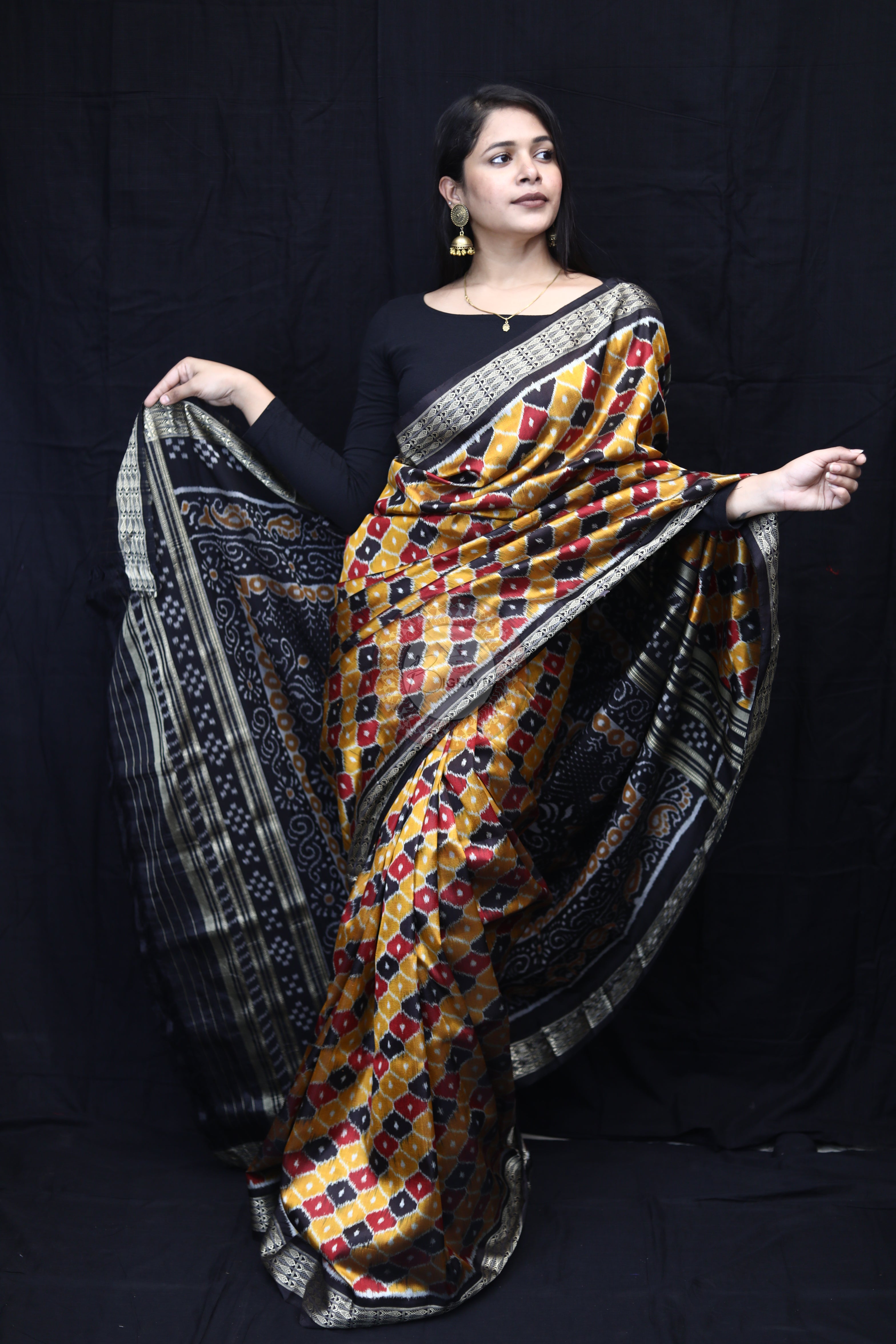 Golden Black Maroon Beehive Mulberry Silk Saree