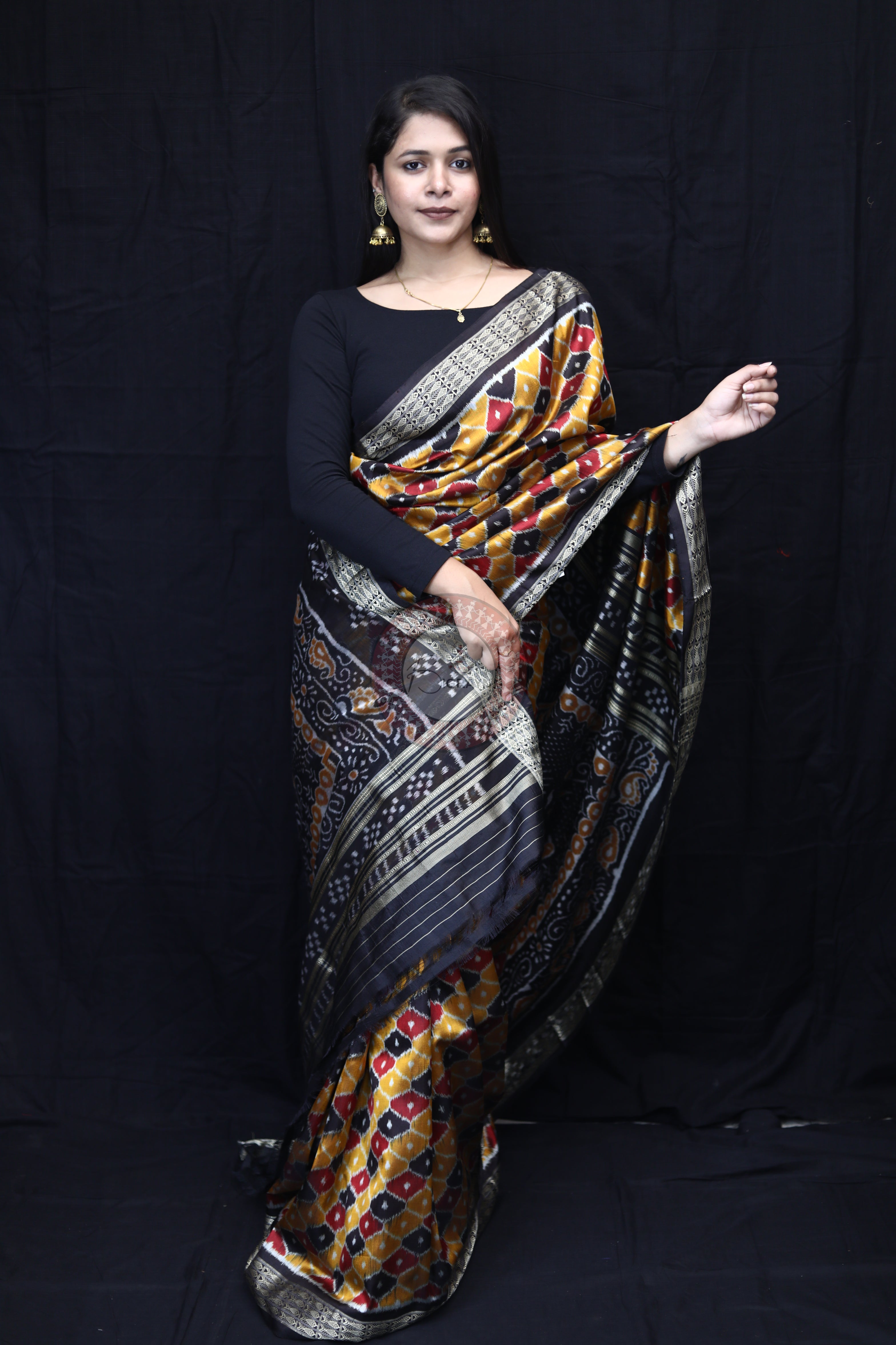 Golden Black Maroon Beehive Mulberry Silk Saree