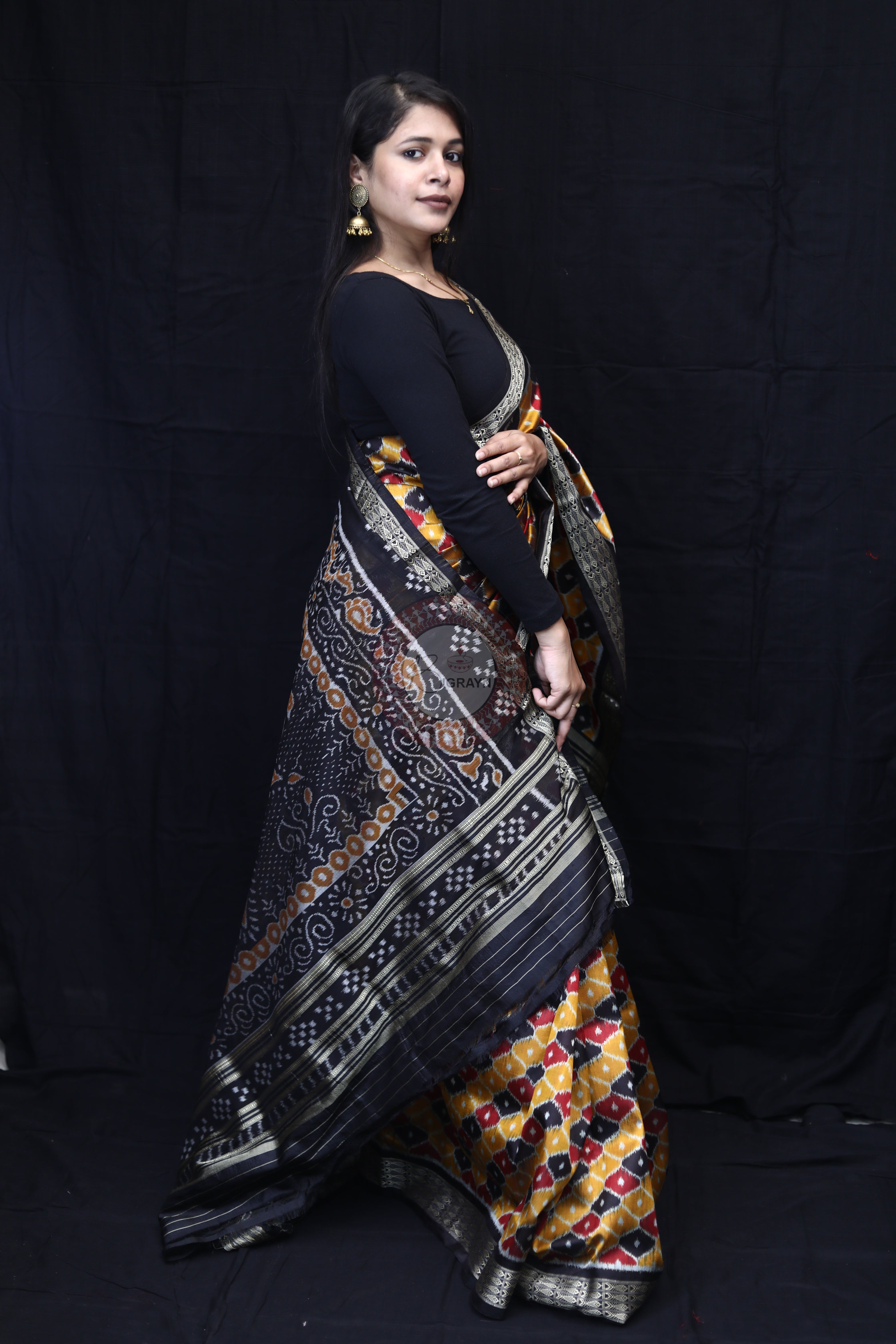 Golden Black Maroon Beehive Mulberry Silk Saree