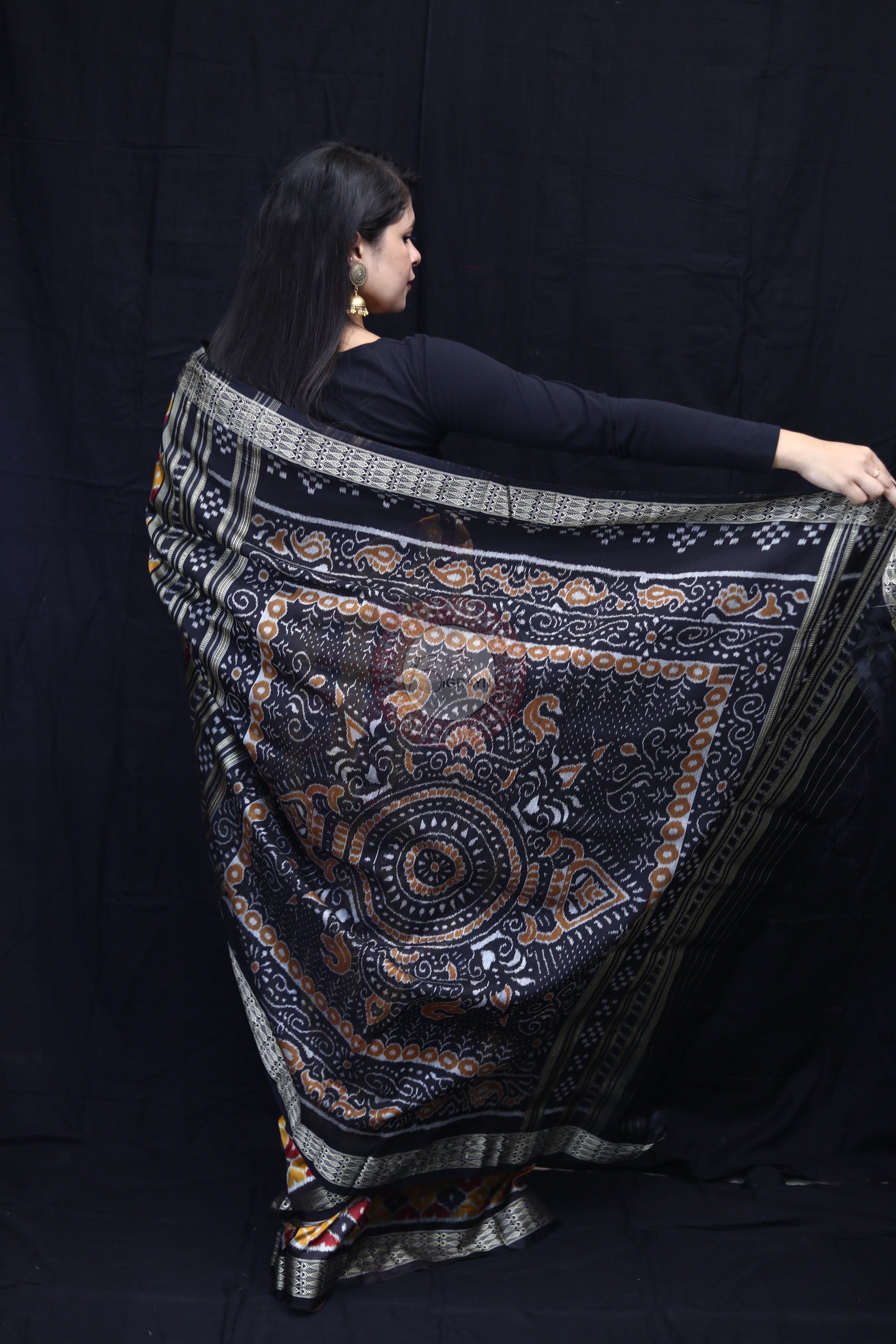 Golden Black Maroon Beehive Mulberry Silk Saree