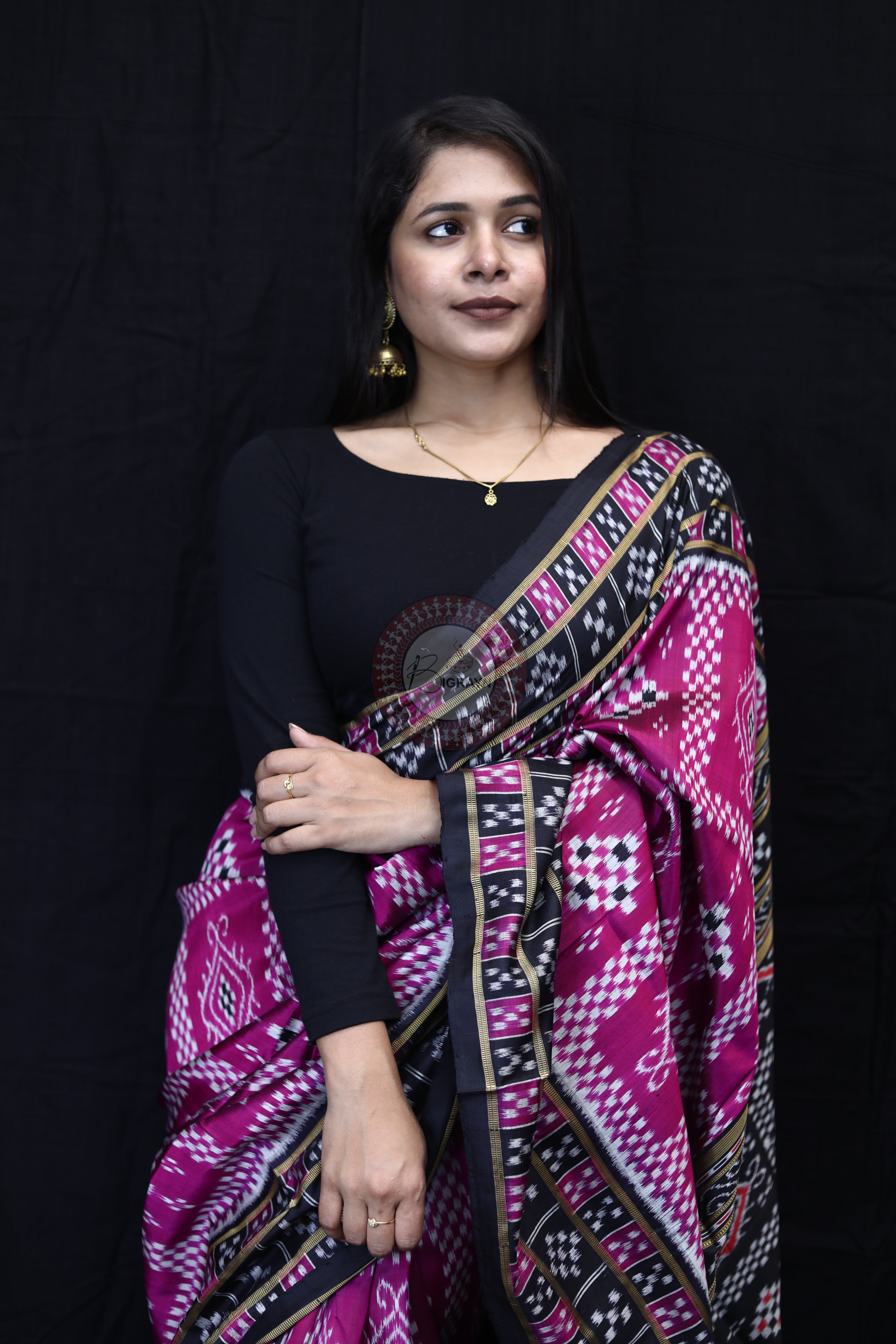 Magenta Black 3D Pasapali Mulberry Silk Saree