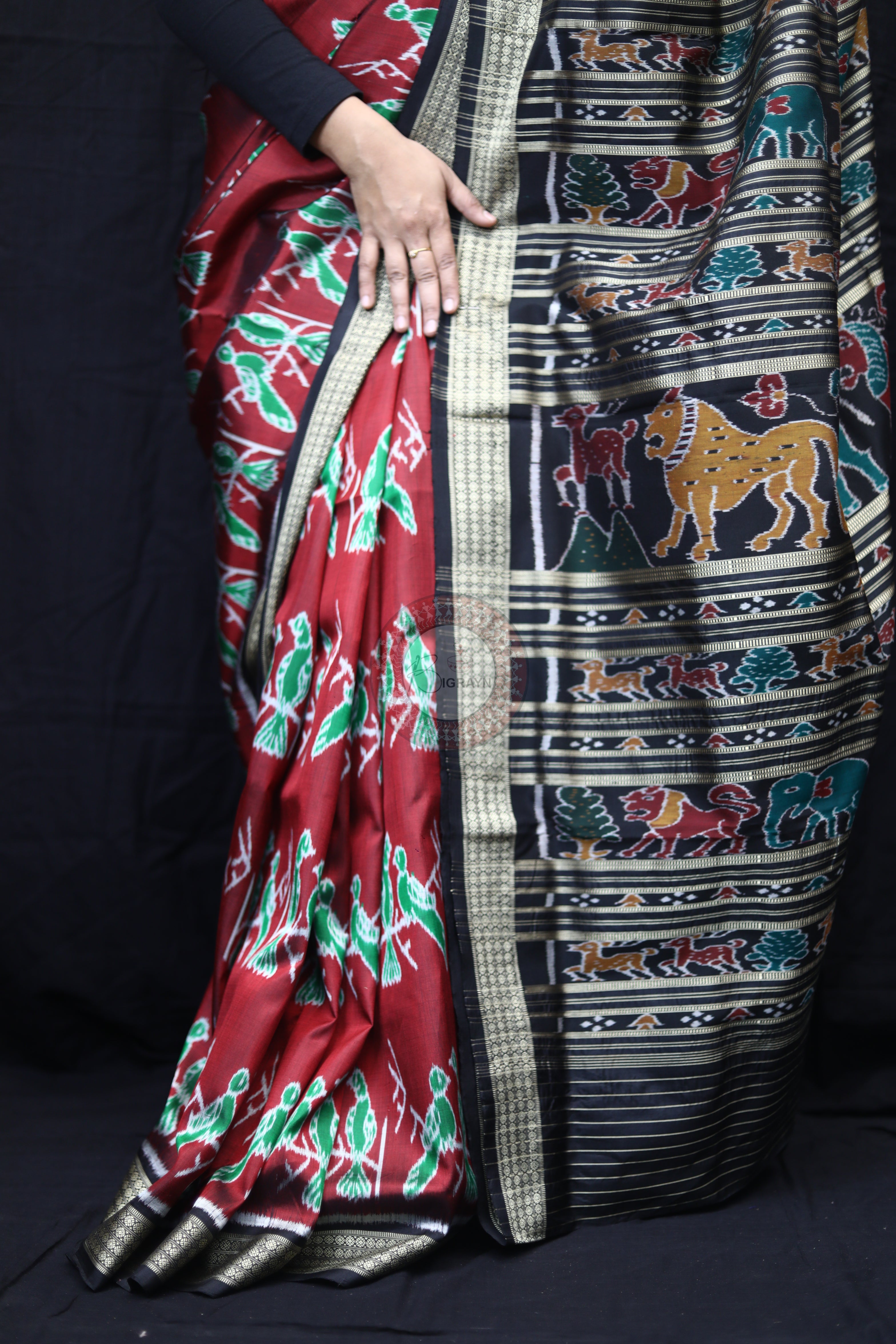 Maroon Black Dual Birds Mulberry Silk Saree