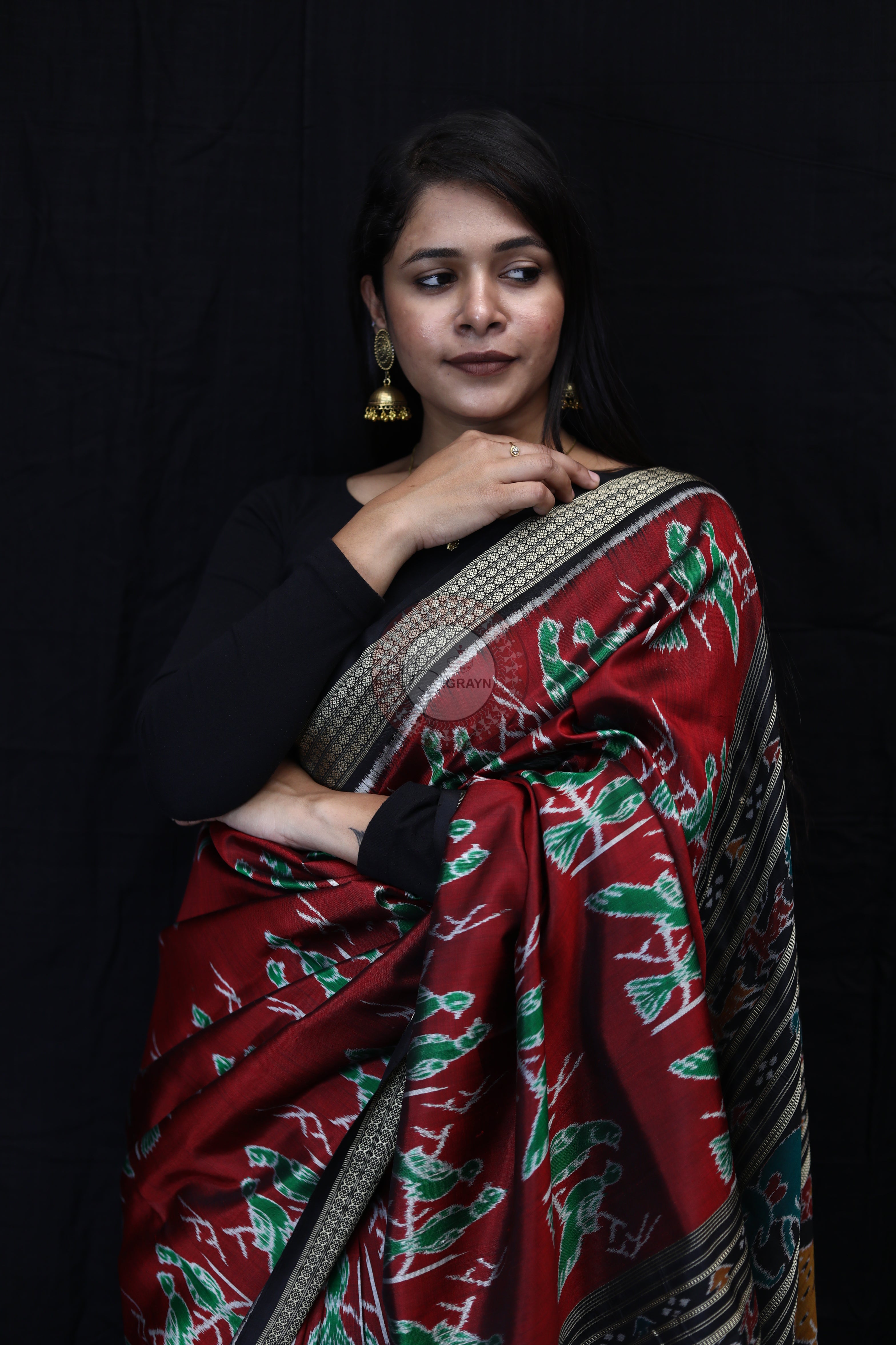Maroon Black Dual Birds Mulberry Silk Saree