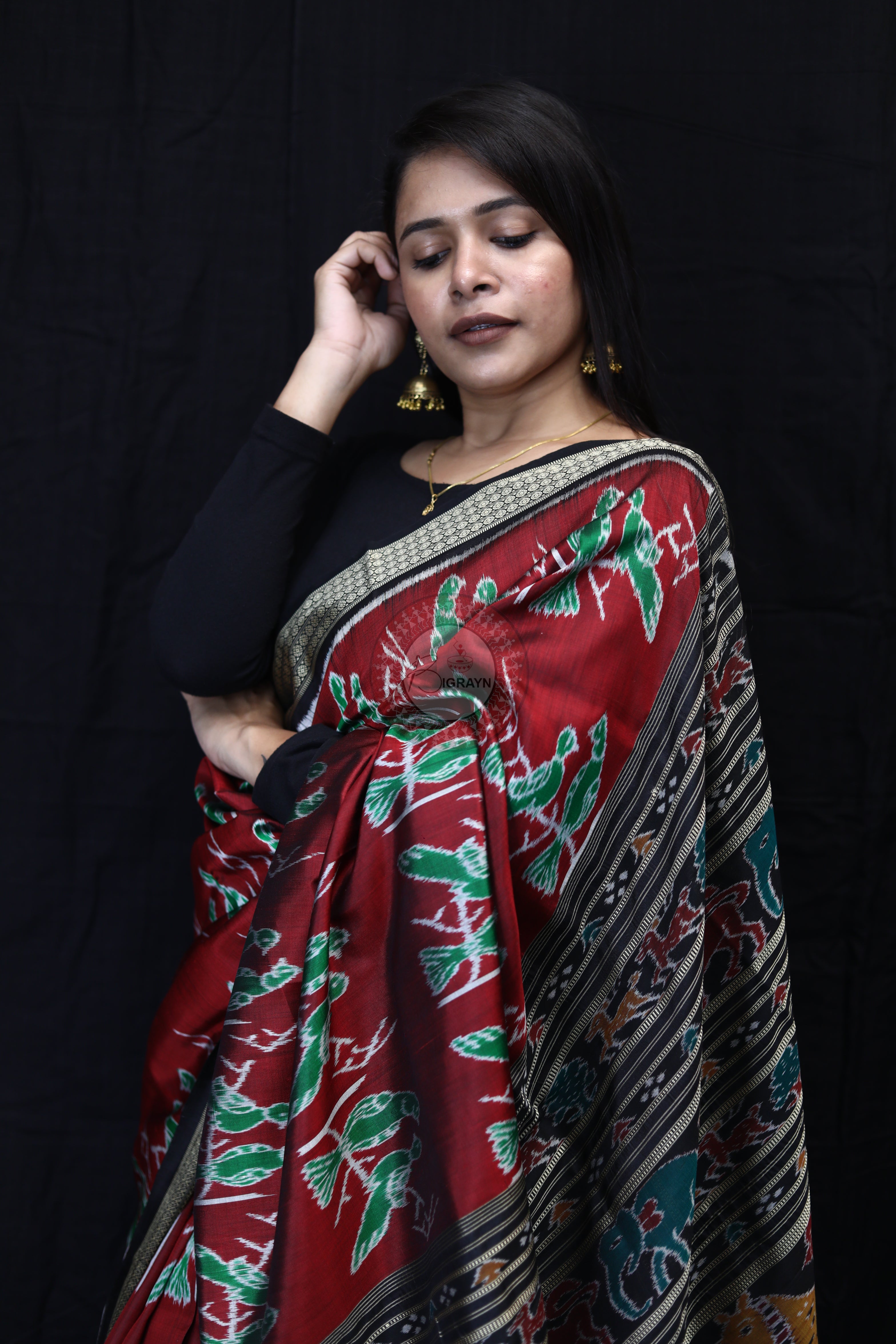 Maroon Black Dual Birds Mulberry Silk Saree