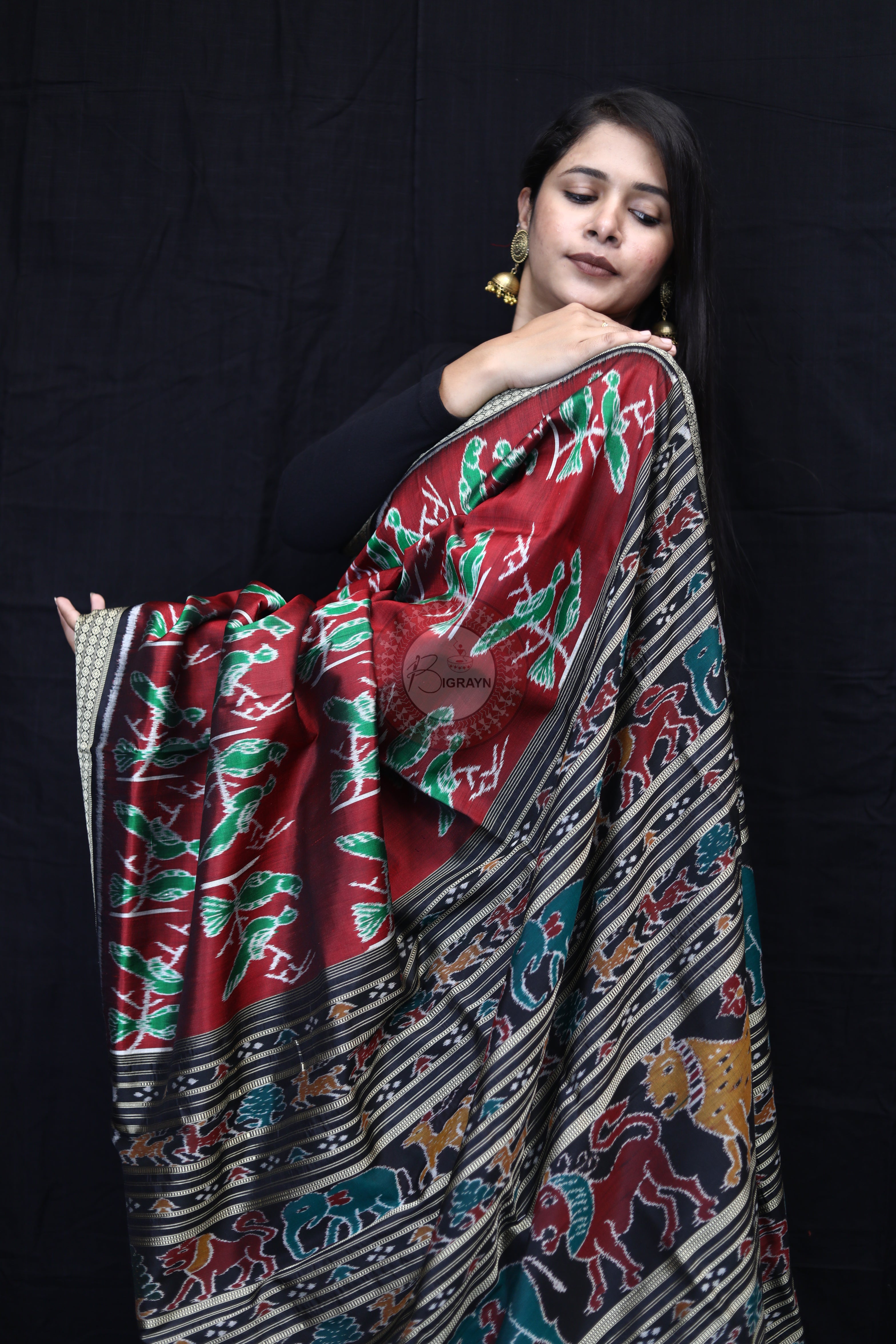 Maroon Black Dual Birds Mulberry Silk Saree