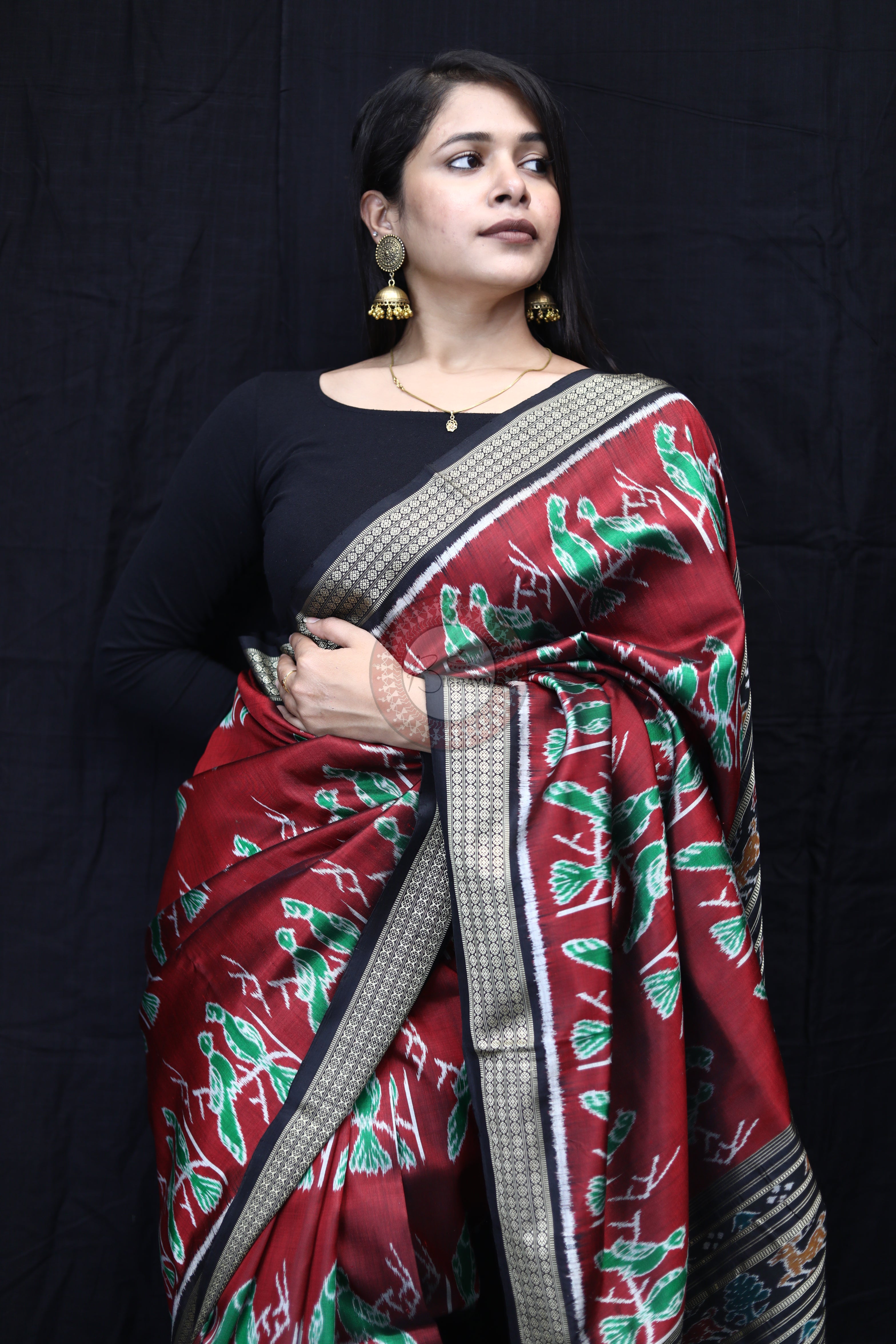 Maroon Black Dual Birds Mulberry Silk Saree