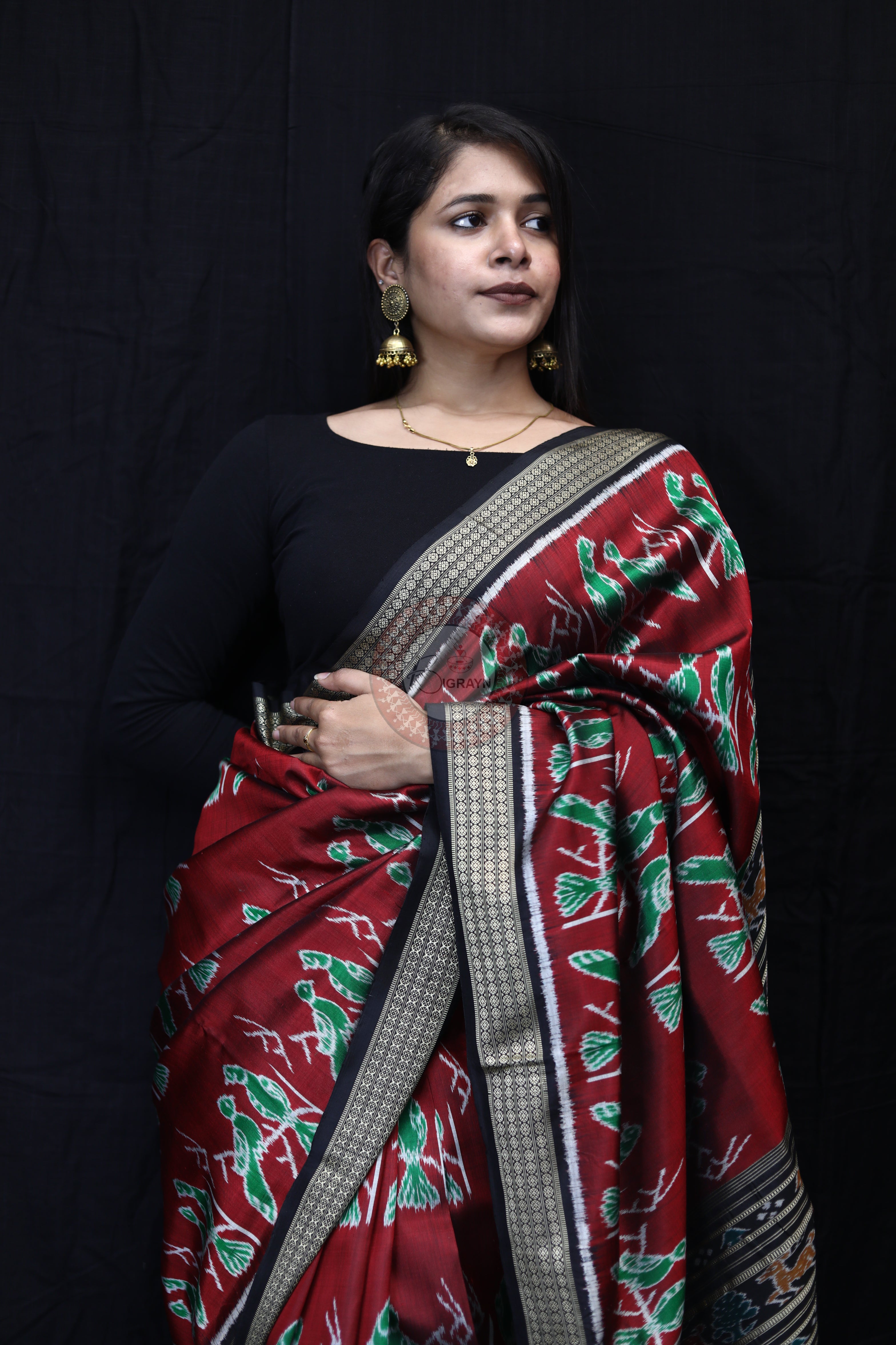 Maroon Black Dual Birds Mulberry Silk Saree