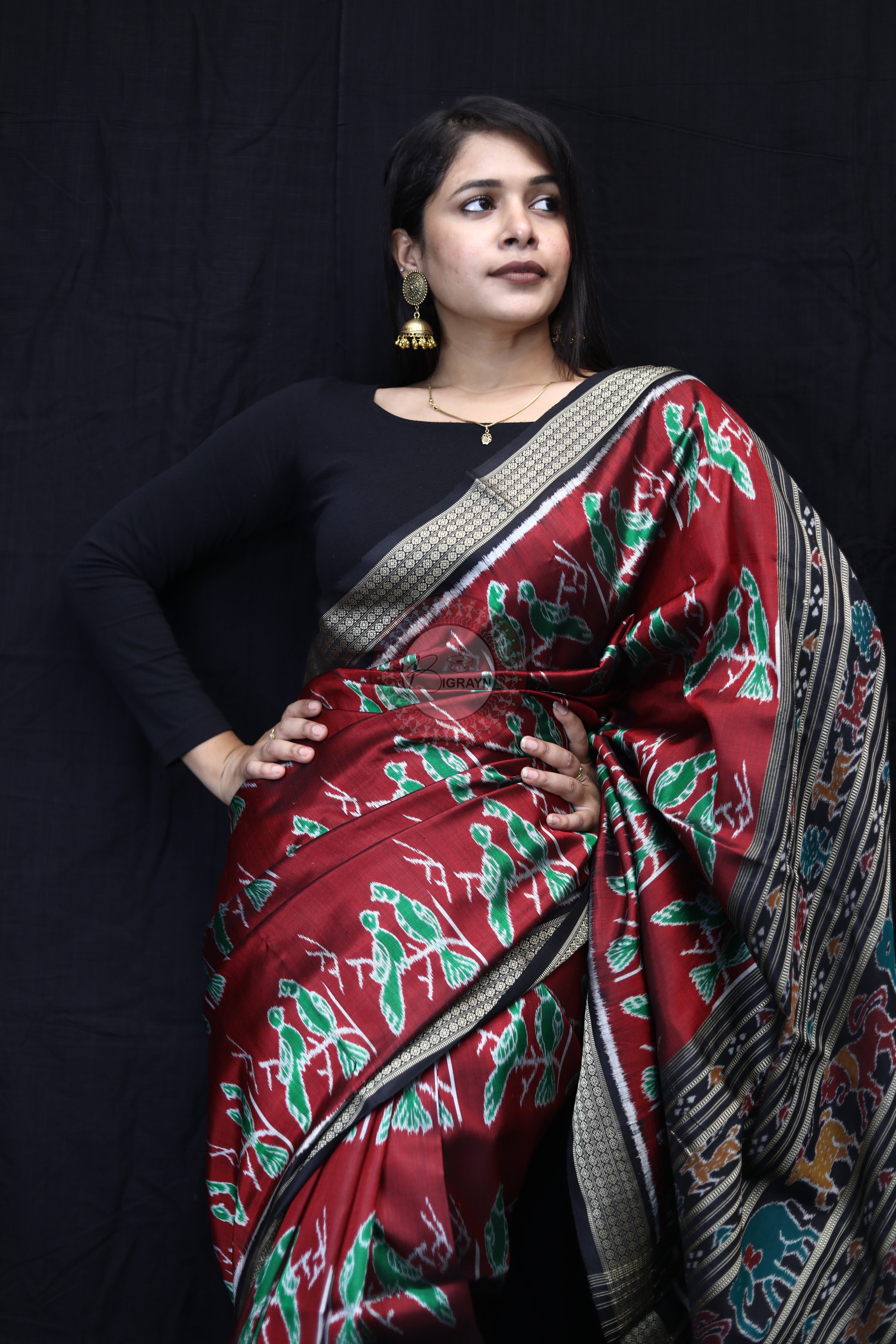 Maroon Black Dual Birds Mulberry Silk Saree