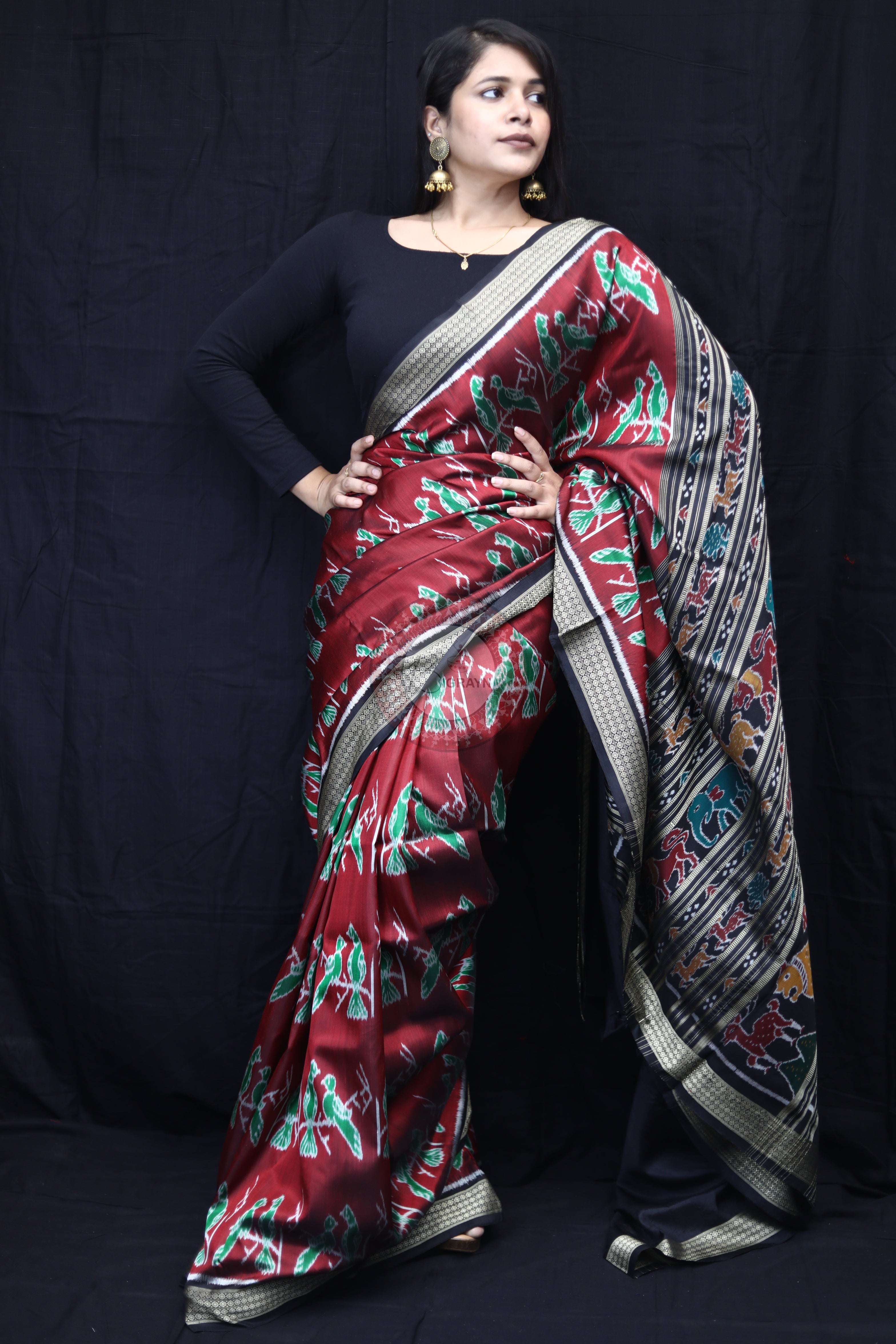 Maroon Black Dual Birds Mulberry Silk Saree