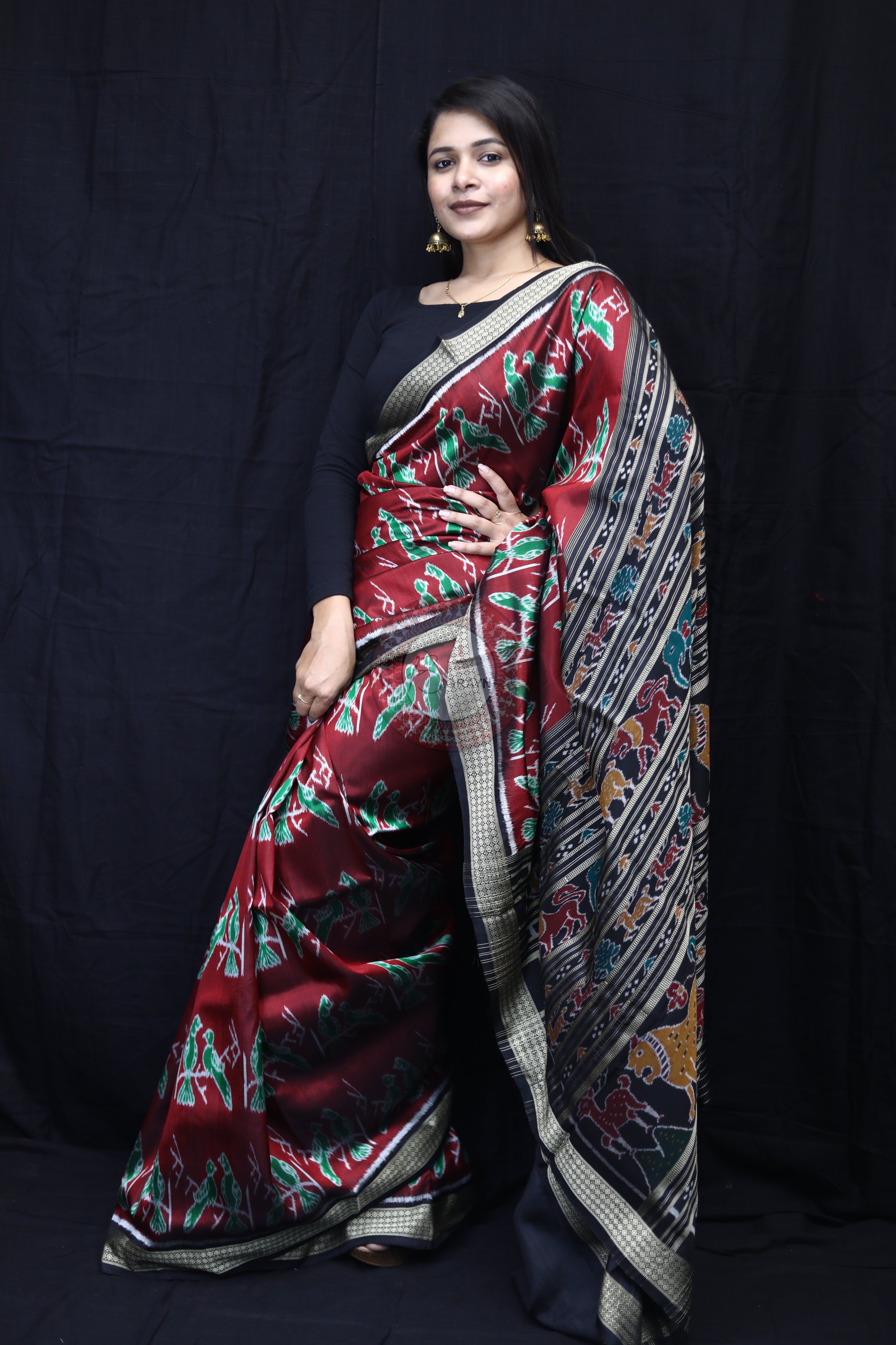 Maroon Black Dual Birds Mulberry Silk Saree