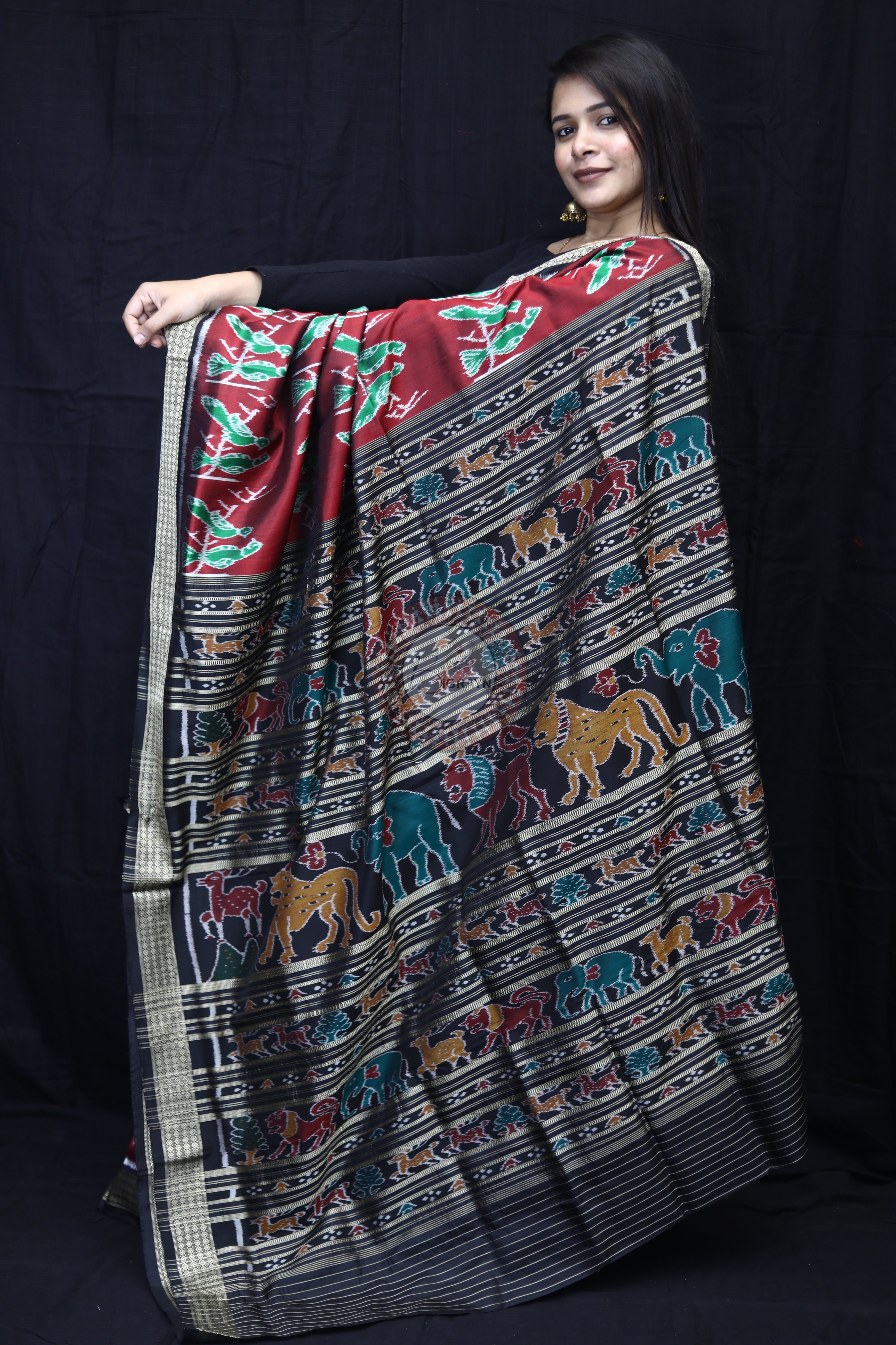 Maroon Black Dual Birds Mulberry Silk Saree