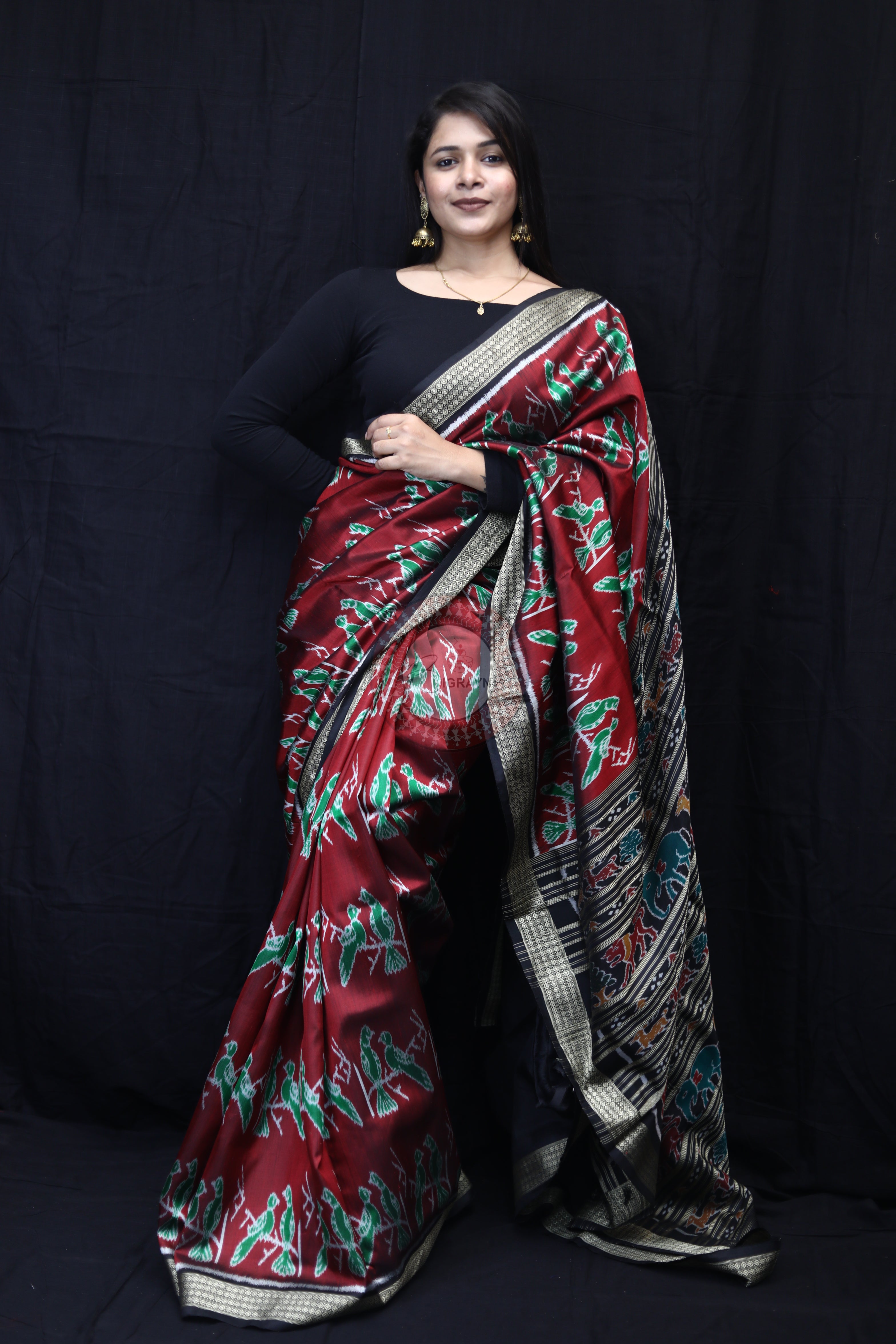 Maroon Black Dual Birds Mulberry Silk Saree