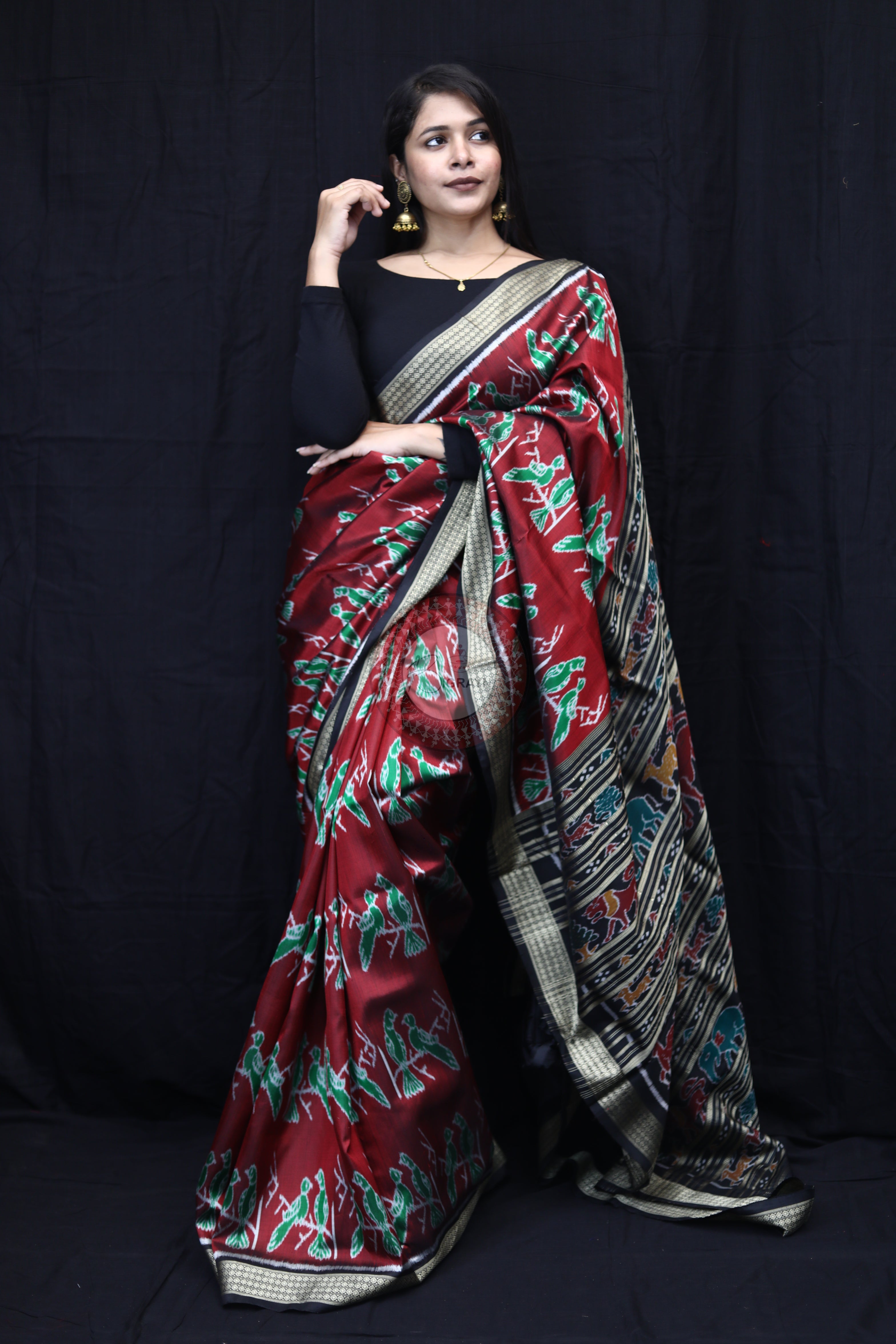 Maroon Black Dual Birds Mulberry Silk Saree