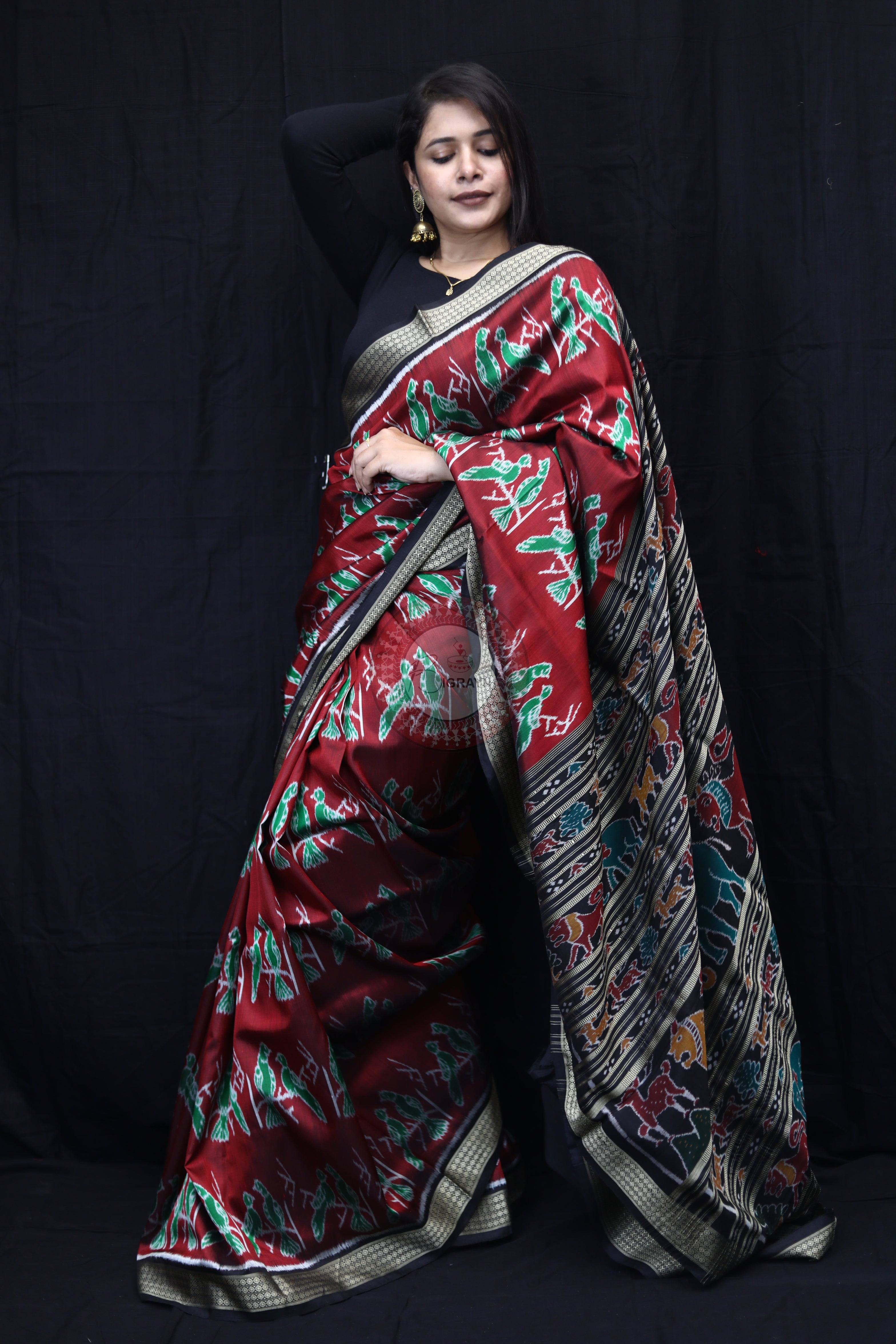 Maroon Black Dual Birds Mulberry Silk Saree
